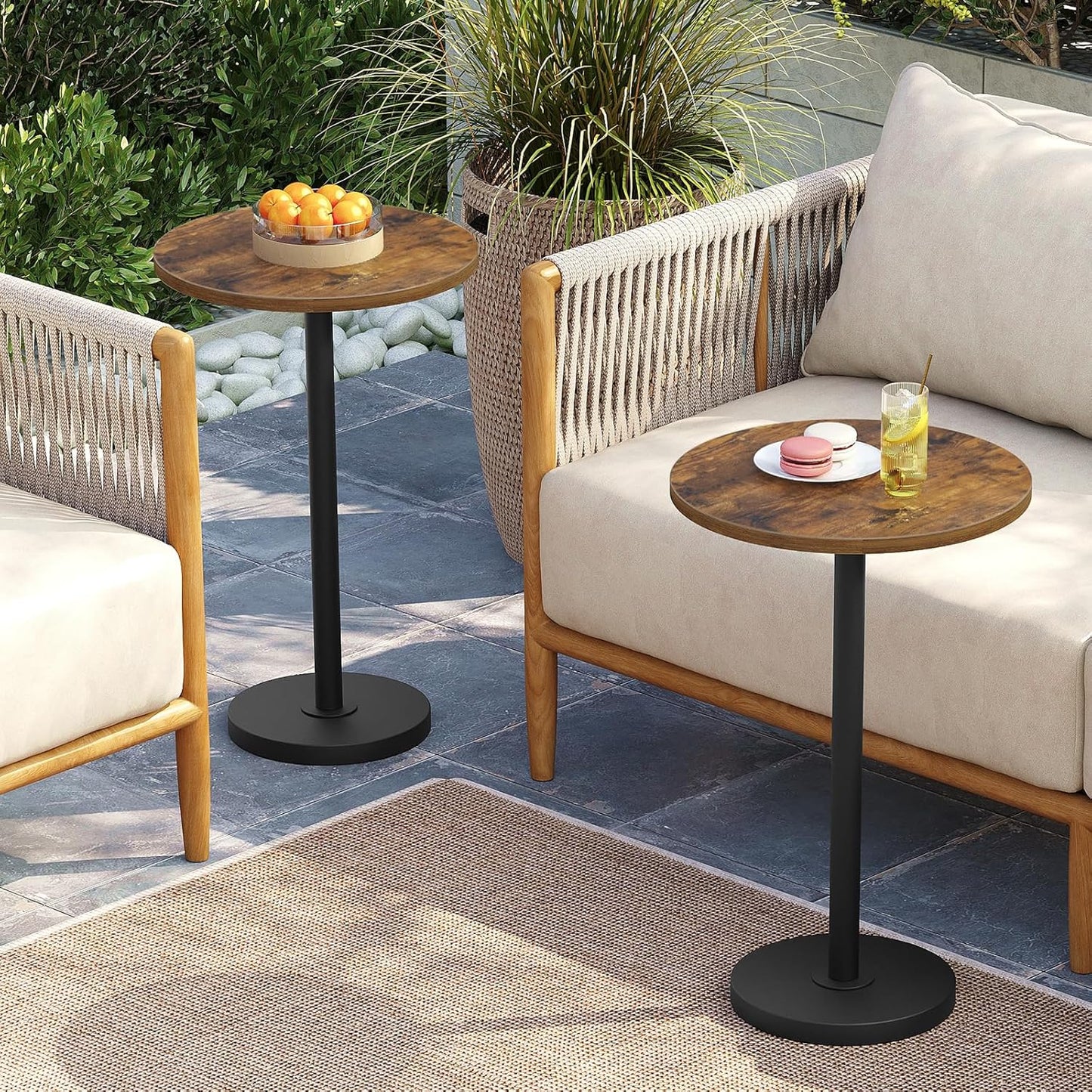 Round Side Table Set of 2, Tall Drink End Table for Small Spaces, Pedestal Style Martini Side Table in Living Room, Bedroom, Dormitory, Brown and Black ET30L2BR