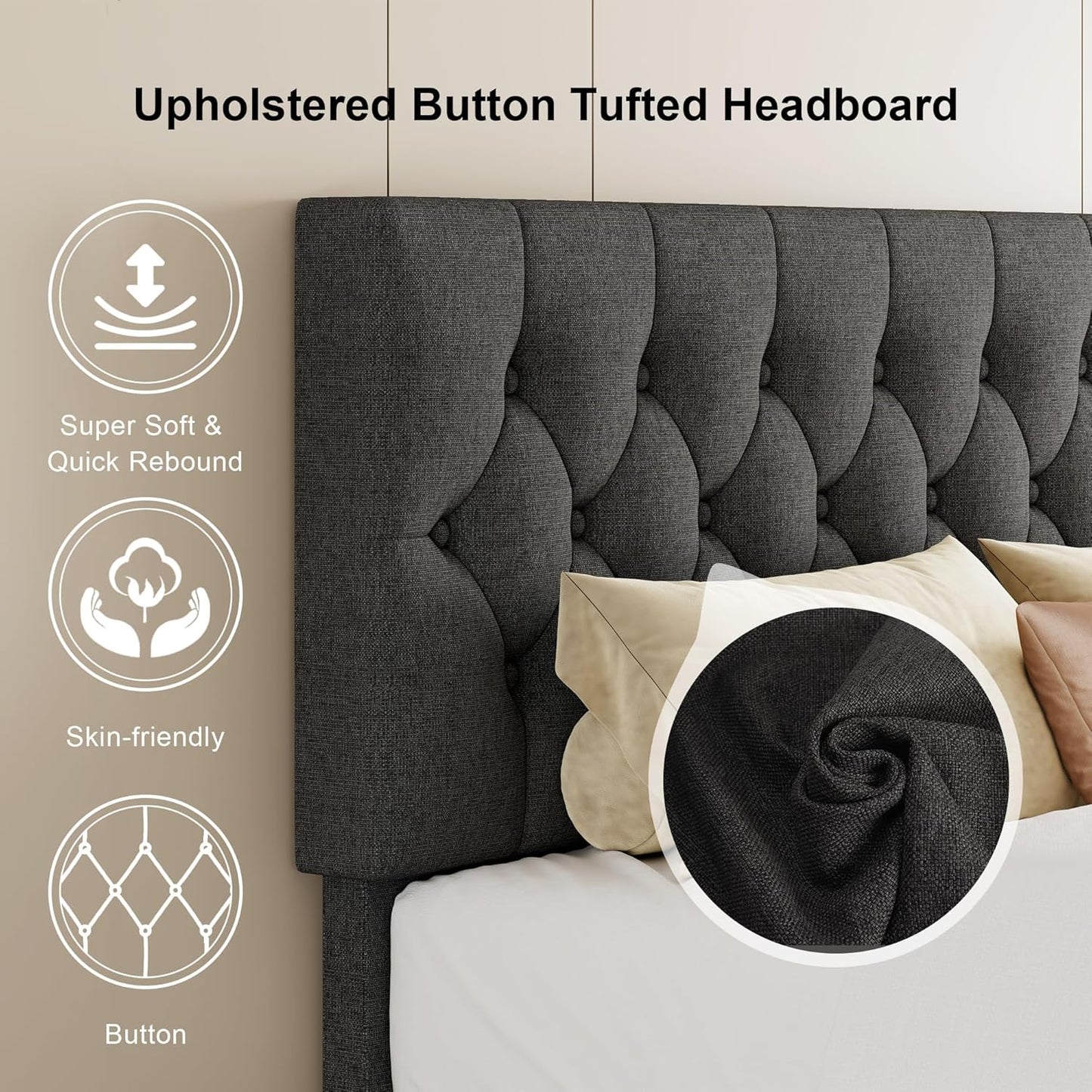 Feonase King Size Platform Bed Frame, Upholstered Bed with Button Tufted Headboard, Heavy Duty Wooden Slats & Thickened Feet, No Box Spring Needed, Noise-Free, Easy Assembly, Dark Grey