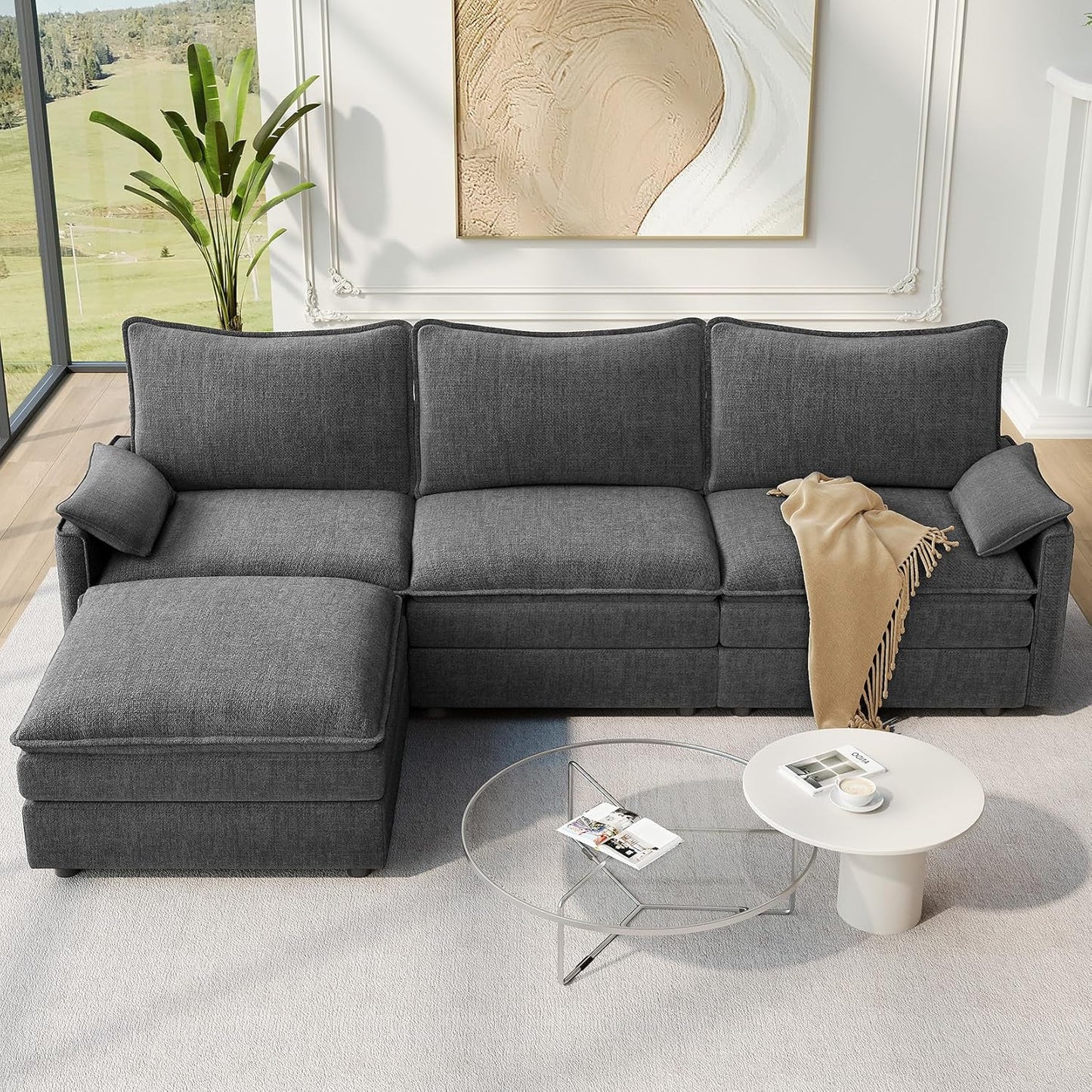 Vesgantti 108" Modular Sectional Sofa, Comfy Cloud Couch with Movable Ottoman Deep Seat Chenille L Shaped Modular Sofa, Sectional Couches for Living Room, Bedroom and Apartment, Gray