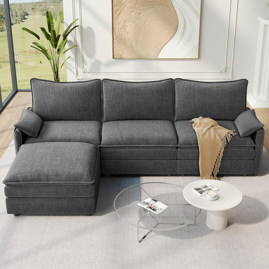 Vesgantti 108" Modular Sectional Sofa, Comfy Cloud Couch with Movable Ottoman Deep Seat Chenille L Shaped Modular Sofa, Sectional Couches for Living Room, Bedroom and Apartment, Gray