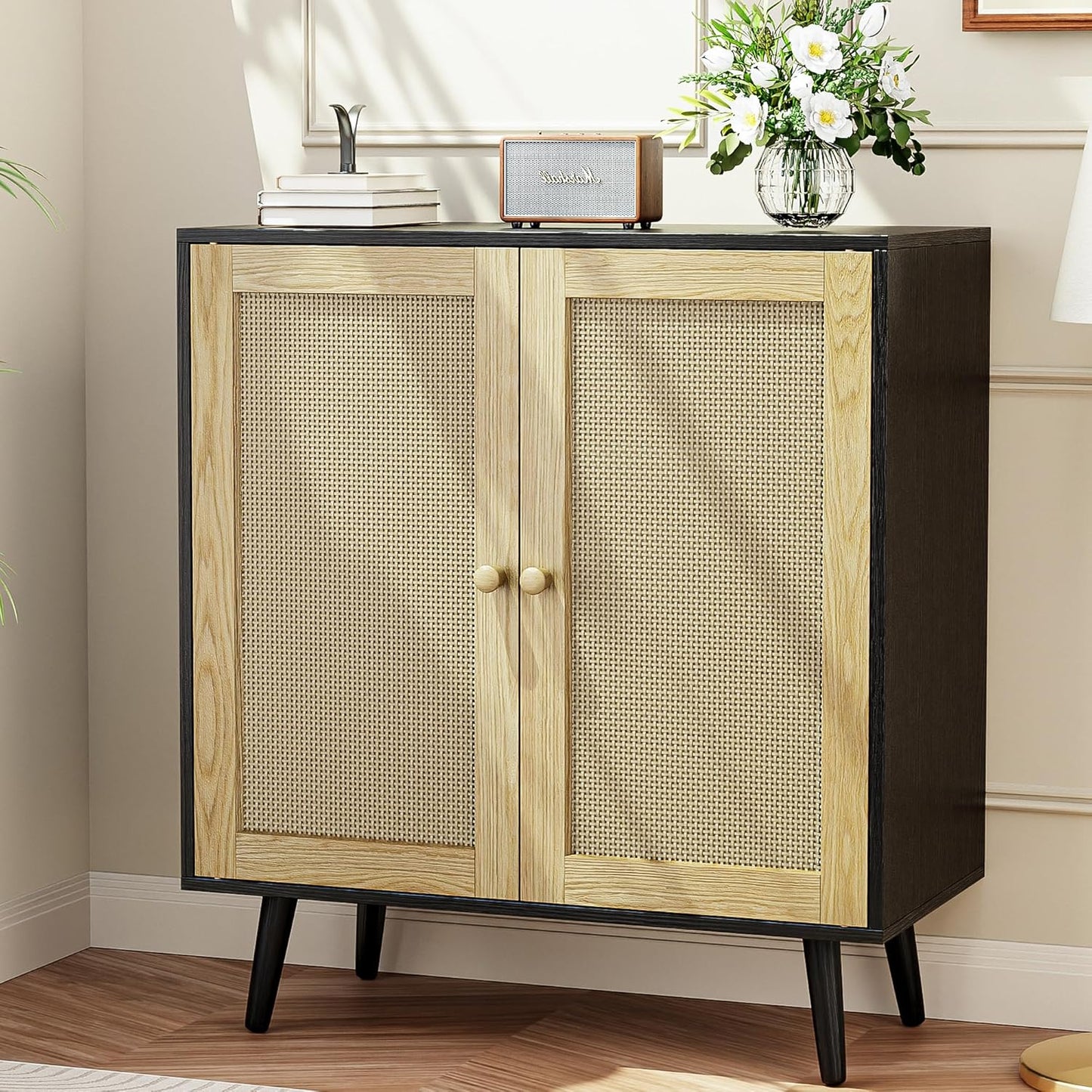 Rattan Sideboard Buffet, Accent Cabinet Cupboard Console Small Cabinet with Doors and Adjustable Shelve for Kitchen & Entryway Storage, Black
