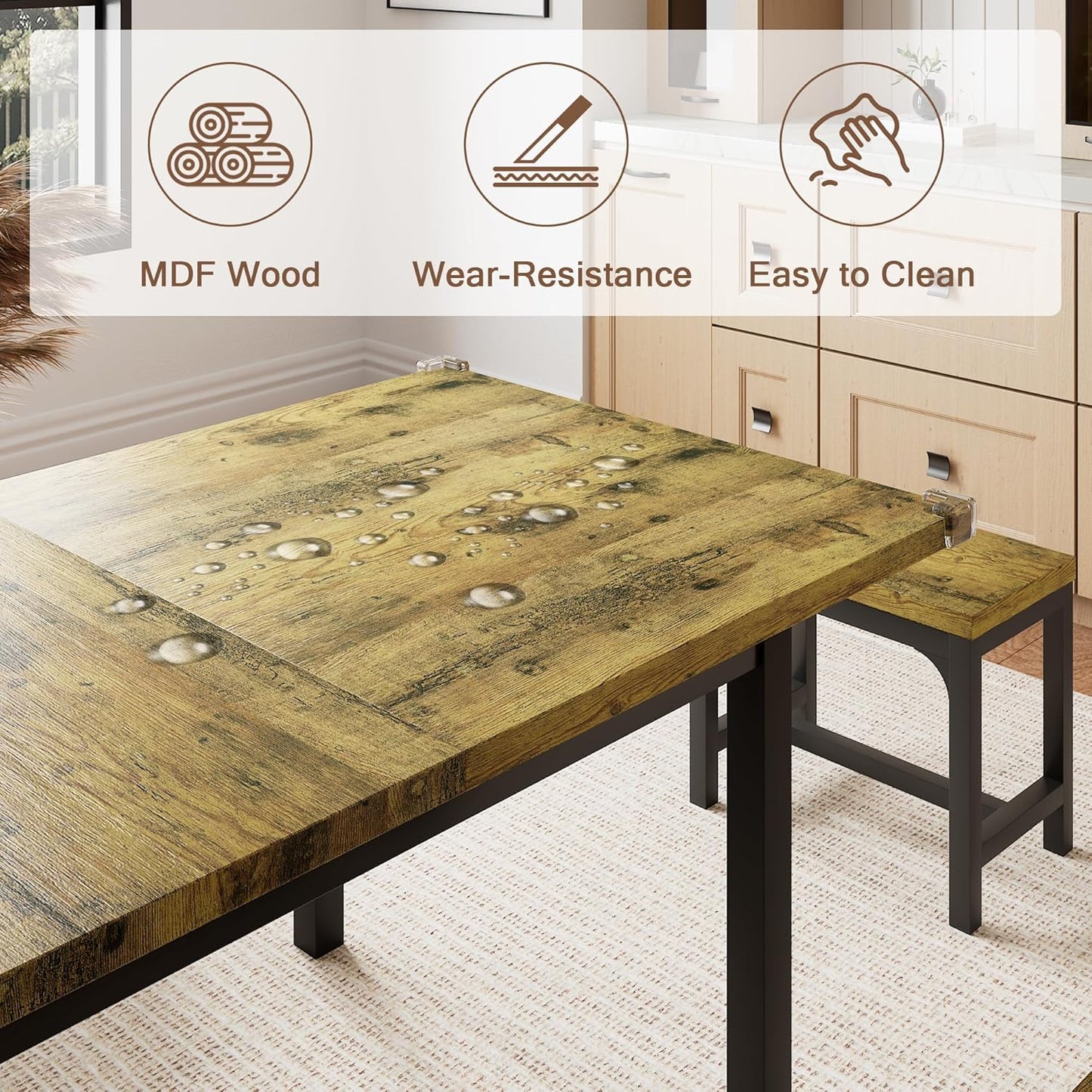 5 Piece Dining Table Set for 4-6, 63" Extendable Kitchen Table Set with 2 Benches & 2 Stools, Farmhouse Dining Room Table for Small Space, Metal & Wood Support, Rustic Brown