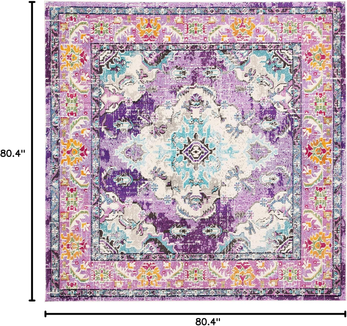 SAFAVIEH Monaco Collection Area Rug - 6'7" Square, Violet & Light Blue, Boho Chic Medallion Distressed Design, Non-Shedding & Easy Care, Ideal for High Traffic Areas in Living Room, Bedroom (MNC243L)