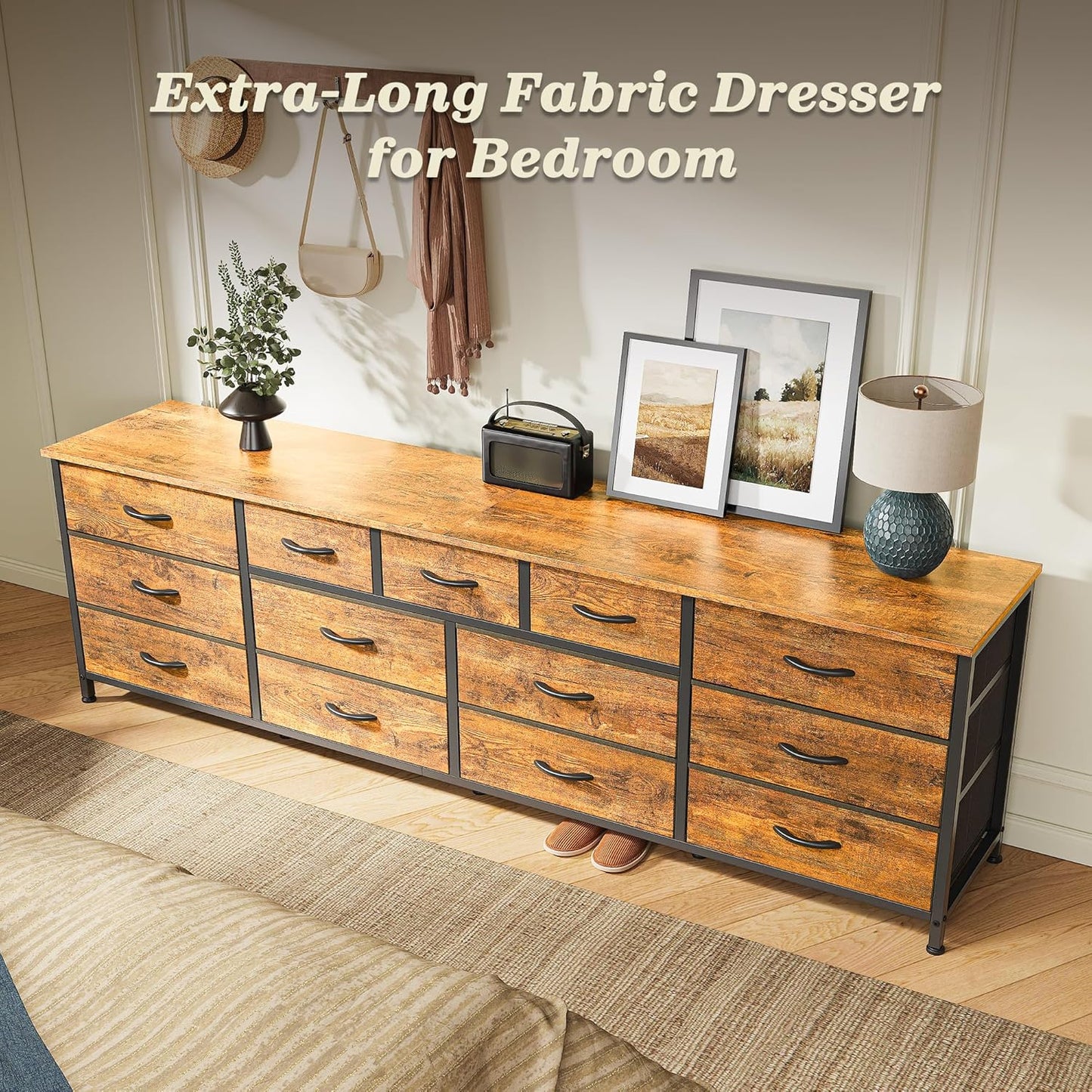 Huuger 70 Inch Dresser for Bedroom, TV Stand for 65, 75, 80 Inch TV, 13 Fabric Drawer Long Dresser, Large Entertainment Center for Bedroom, Wide Chest of Drawer with Storage, Retro Brown