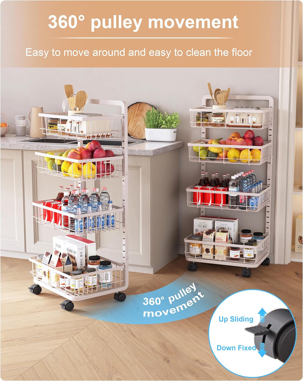 UMDONX 4-Tier Kitchen Storage Cart Metal Snack Cart Adjustable Fruit Basket on Wheels Stand Baskets for Potato Onion Produce White