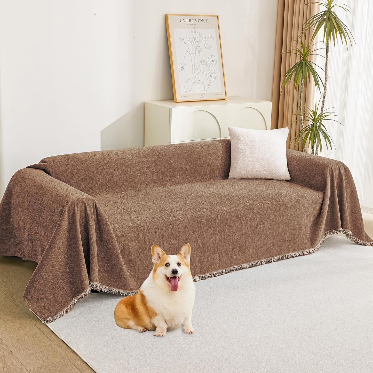 MYSKY HOME Boho Couch Cover Camel Sofa Covers with White Tassel Farmhouse Sofa Slipcover Simple Couch Protector for Dogs Chenille Sectional Couch Covers L Shaped Couch Cushion Covers, 91"x 134"