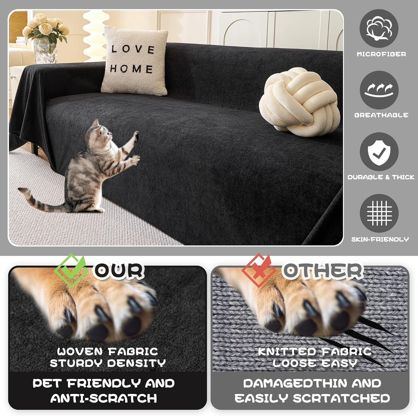 MYSKY HOME Black Couch Covers for Sectional Sofa, Couch Cover L Shape Couch Covers for Dogs Washable Couch Cover Banket Modern Sofa Slipcovers, Super Soft Sofa Towel for Kids, Pets, 91" x 150"