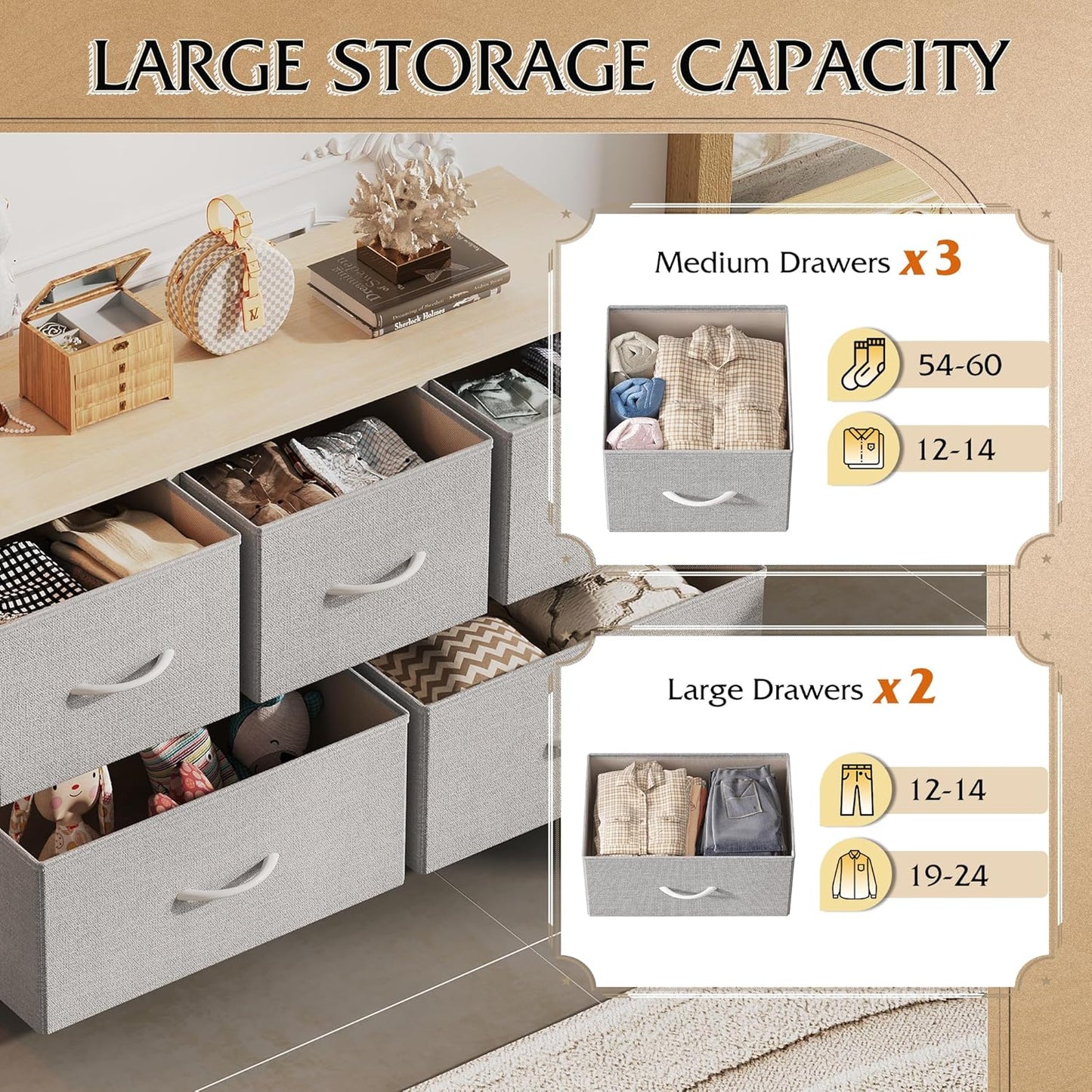 WLIVE Dresser for Bedroom with 5 Drawers, Wide Chest of Drawers, Fabric Dresser, Storage Organization Unit with Fabric Bins for Closet, Living Room, Hallway, Light Grey