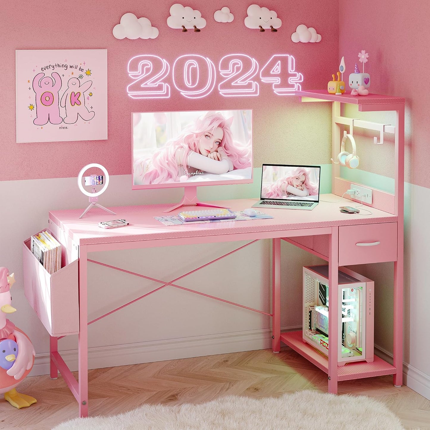 TIQLAB Gaming Desk 55 inch with Power Outlet and LED Light, Computer Desk with Reversible Shelves and Storage Drawer, Small PC Desk for Home Office Table with Bag, Carbon Fiber Pink