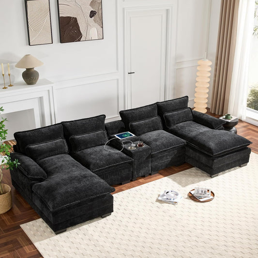 Merax Modern Sectional Sofa with Cupholders, Console and USB Charging Ports, Chenille Upholstered Sleeper Couch & Double Cushions, Symmetrical Chaise Indoor Furniture for Living Room, Apartment, Black