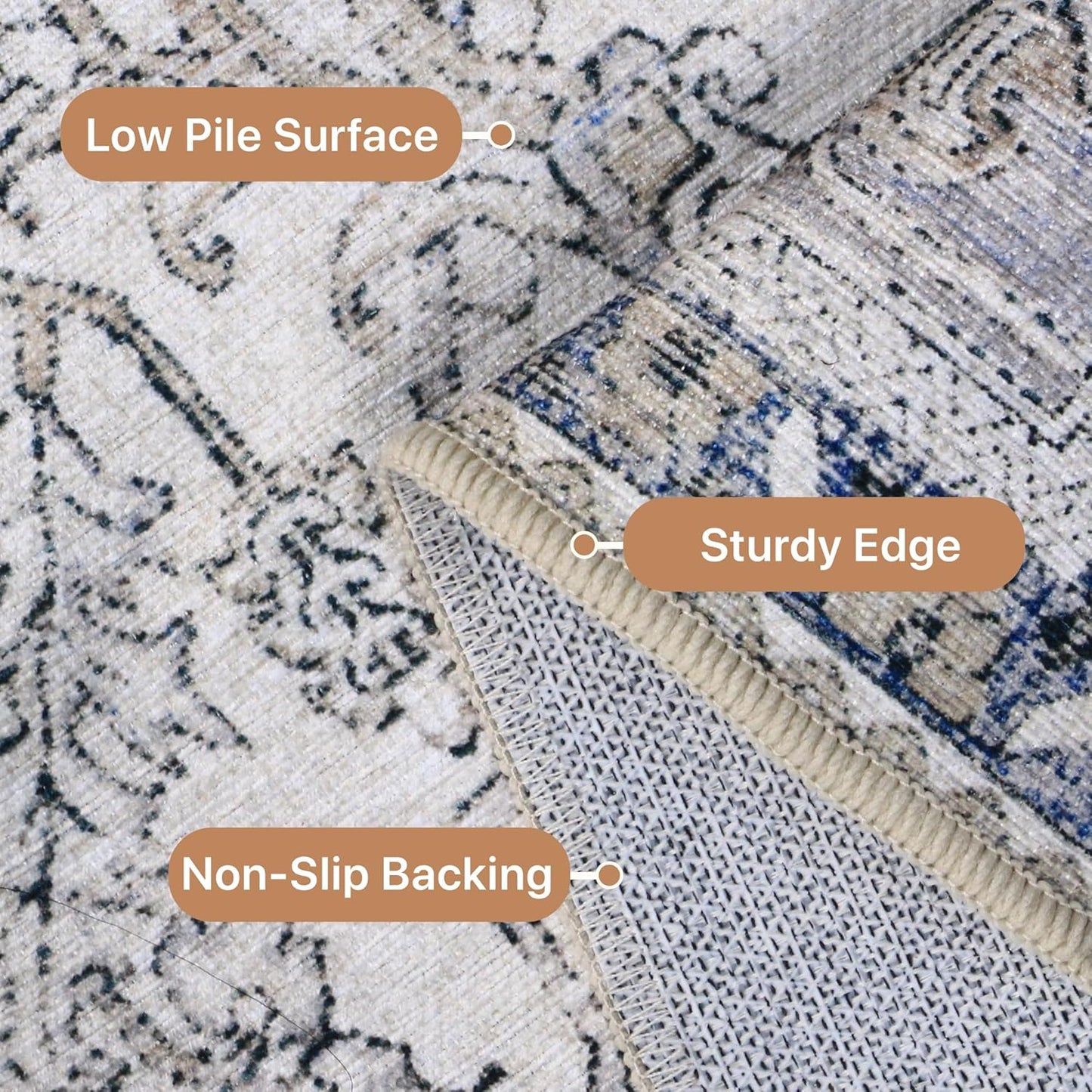 GENIMO 5x8 Area Rugs for Living Room, Machine Washable Low Pile Rugs, Chenille Non Alip Vintage Rug for Bedroom, Dining Room, Home Office, Khaki Blue