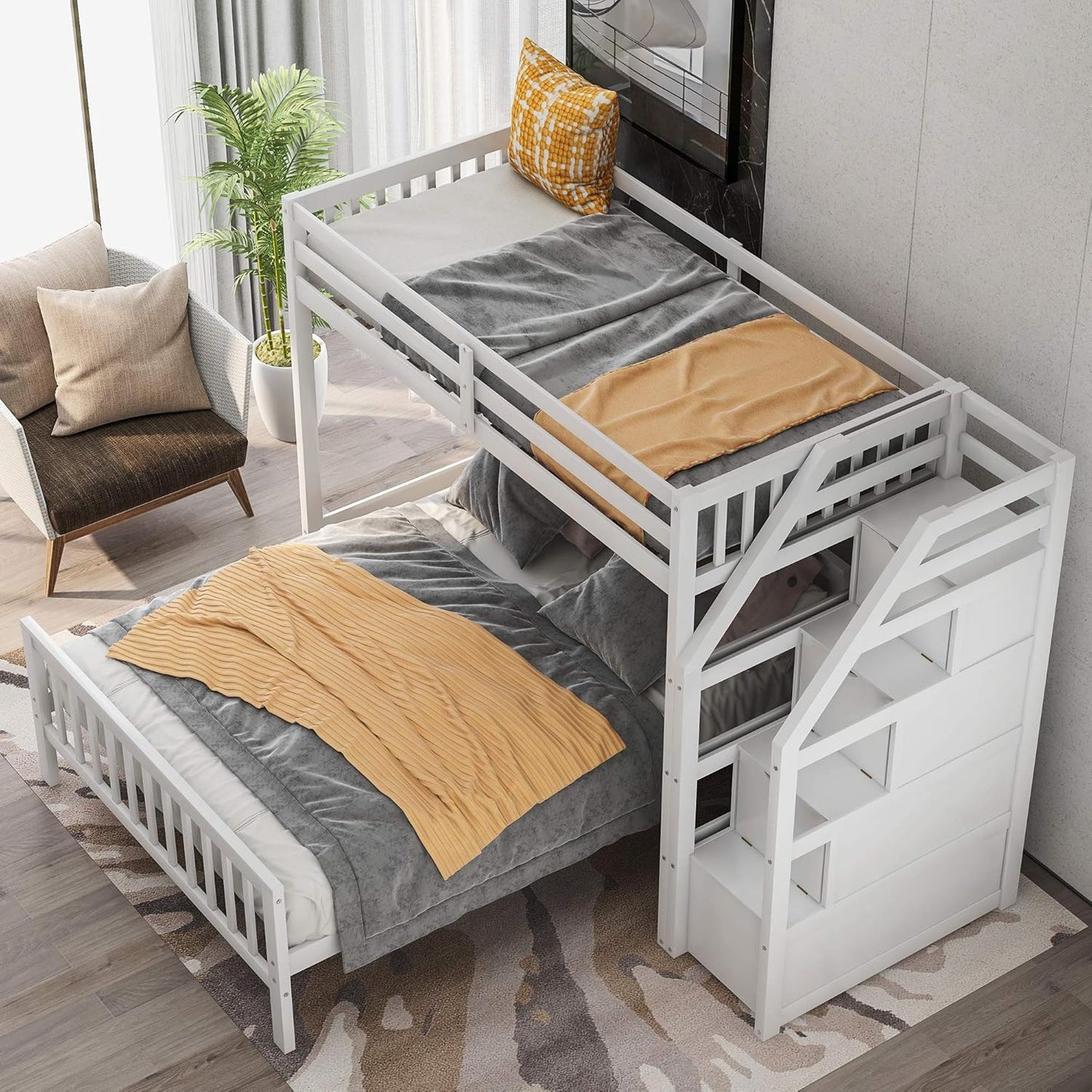 Twin Over Full Wood Loft Bed with Staircase,High Guardrails and Ladder-Handrails,Ladder W/ 3 Storage Grids,Bedroom Furniture for Children,Teens,Adults,White