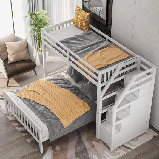 Twin Over Full Wood Loft Bed with Staircase,High Guardrails and Ladder-Handrails,Ladder W/ 3 Storage Grids,Bedroom Furniture for Children,Teens,Adults,White