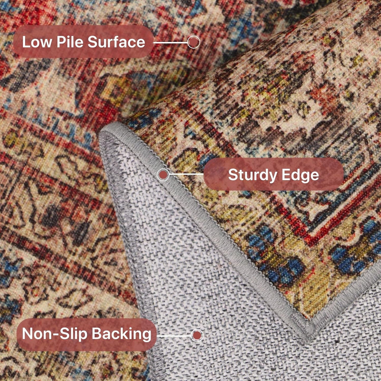 8X10 Area Rugs Machine Washable Rugs for Living Room, Vintage Boho Large Rugs for Bedroom Dining Room, Non Slip Indoor Soft Distressed Lightweight Thin Low Pile Carpet, Rust Red