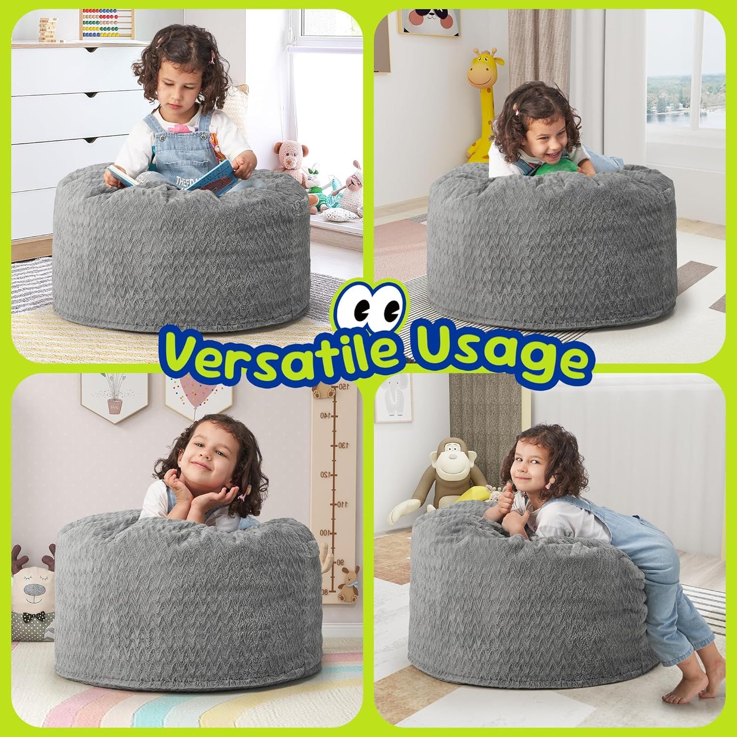 Hobestluk Bean Bag Chairs 2.5FT Bean Bag Chair with Memory Foam Filled & Chevron Plush Fur Cover Small Bean Bag Chairs for Playroom, Living Room, Bedroom (Grey)