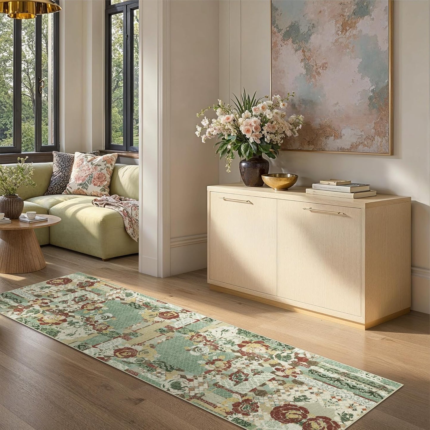 GENIMO Floral Runner Rug 2X6, Machine Washable Non Slip Vintage Patchwork Hallway Runner, Ultra-Thin Low Pile Runners for Indoor Entryway, Hallway, Kitchen and Corridor, Celadon Green