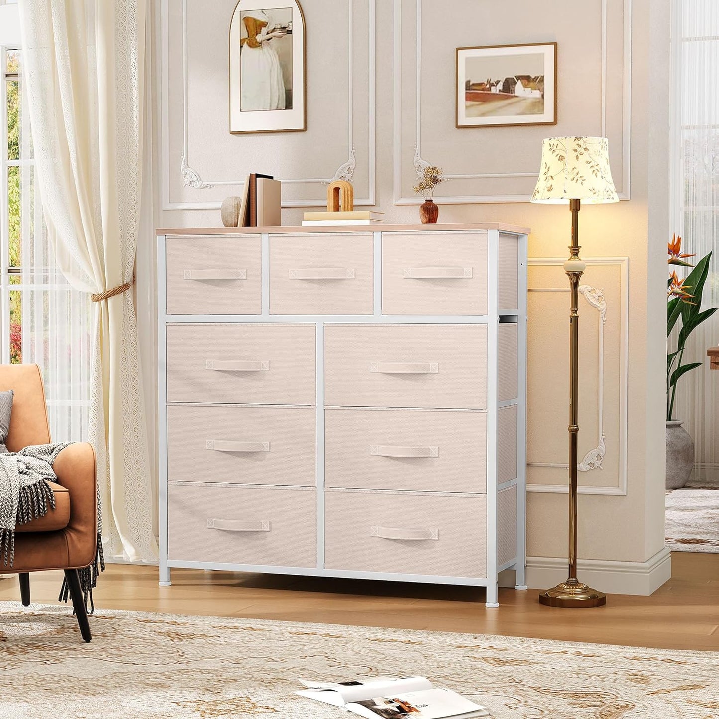 DWVO Dresser with 9 Drawers - Fabric Storage Tower, Organizer Unit for Living Room, Hallway - Sturdy Steel Frame, Wooden Top & Easy Pull Fabric Bins