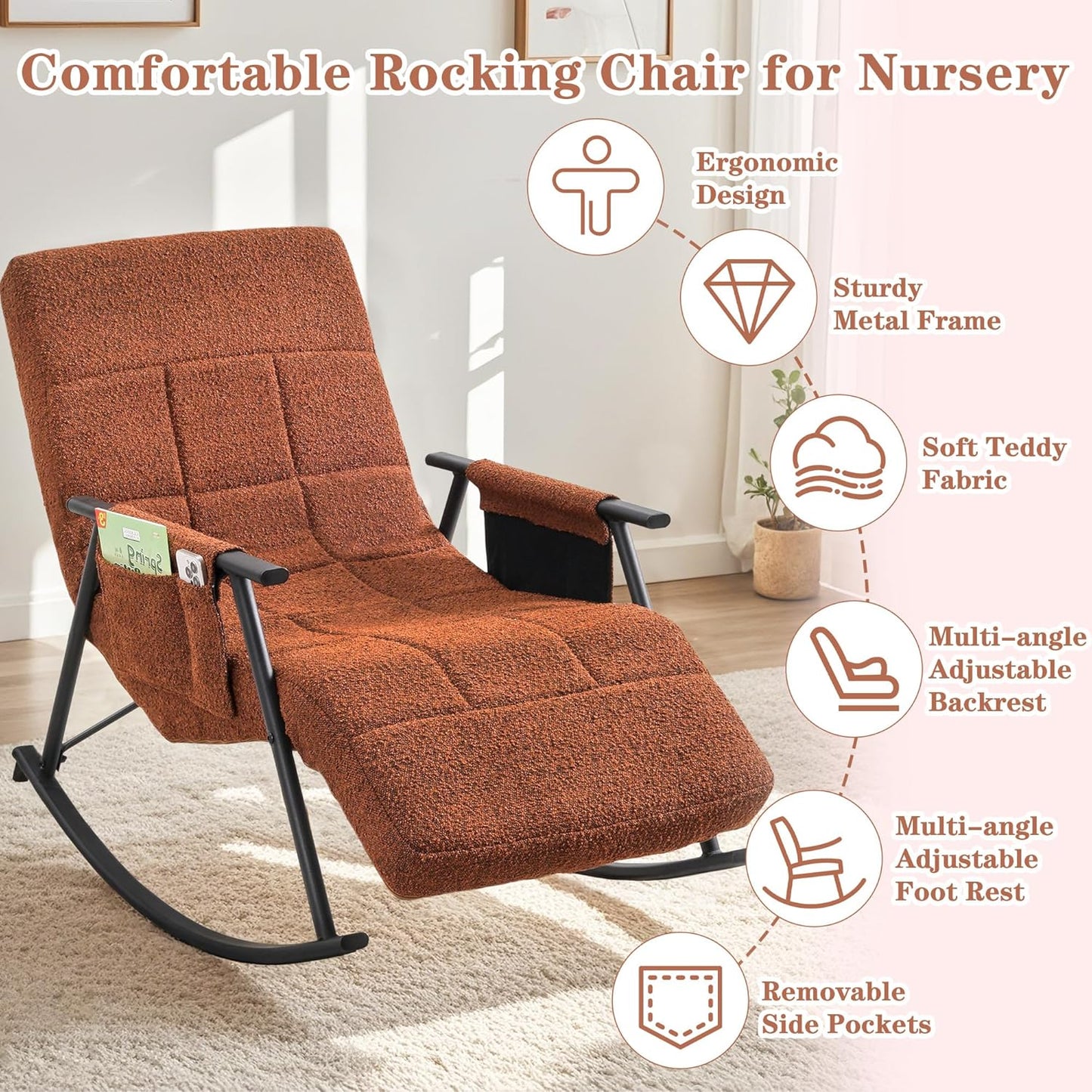 VECELO High Back Nursery Rocking Chair with Foot Rest, Teddy Upholstered Reclining Glider Rocker, Comfy Armchair Padded Seat Removable Side Pockets for Living Room, Bedroom, Balcony