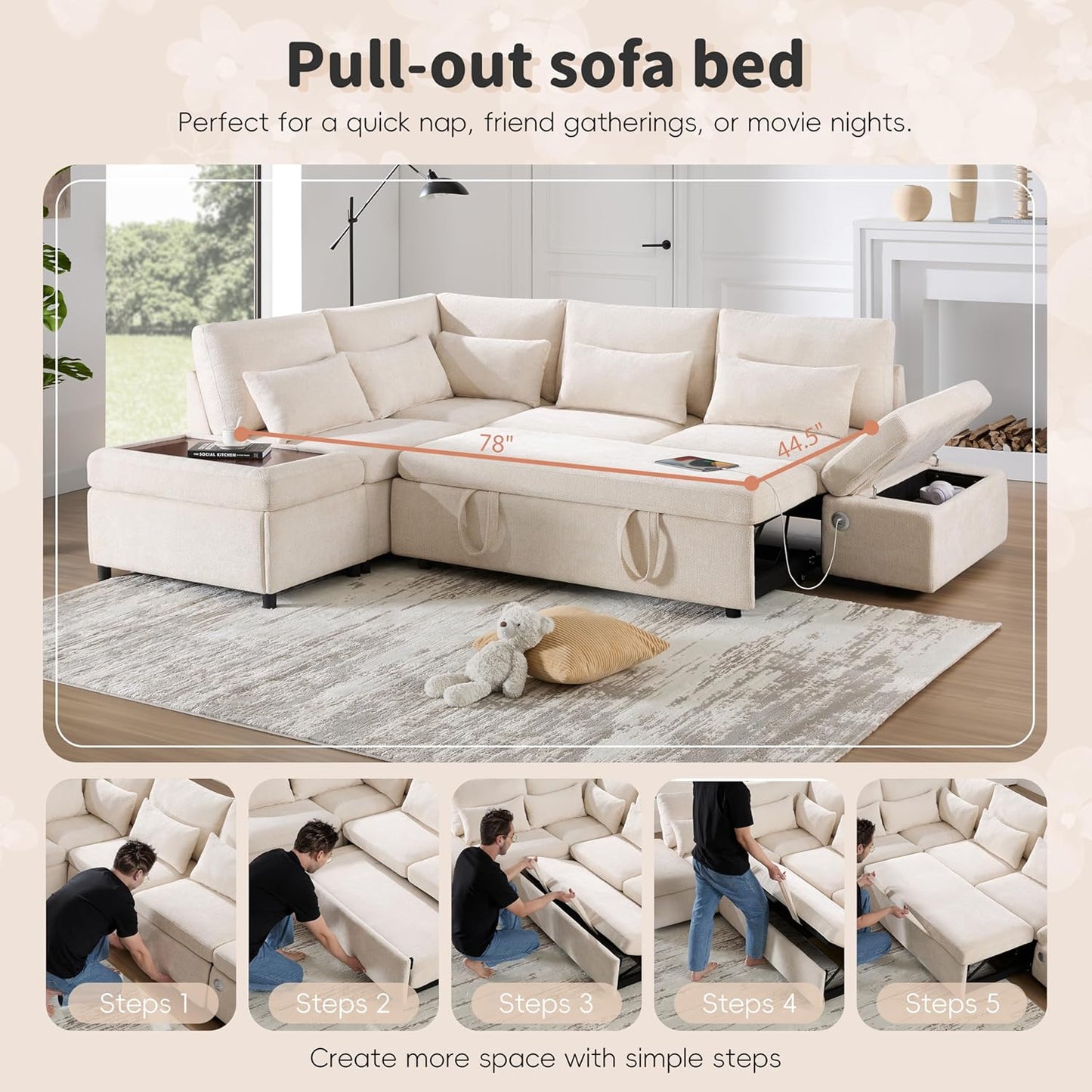 Ball & Cast Modular Convertible L-Shaped Sectional Sleeper Sofa Bed Pull Out Couch with Moveable Storage Ottoman,Oversized Chenille Pull-Out Sofa Bed W/Reclining Armrest&USB Port,for Living Room,Beige