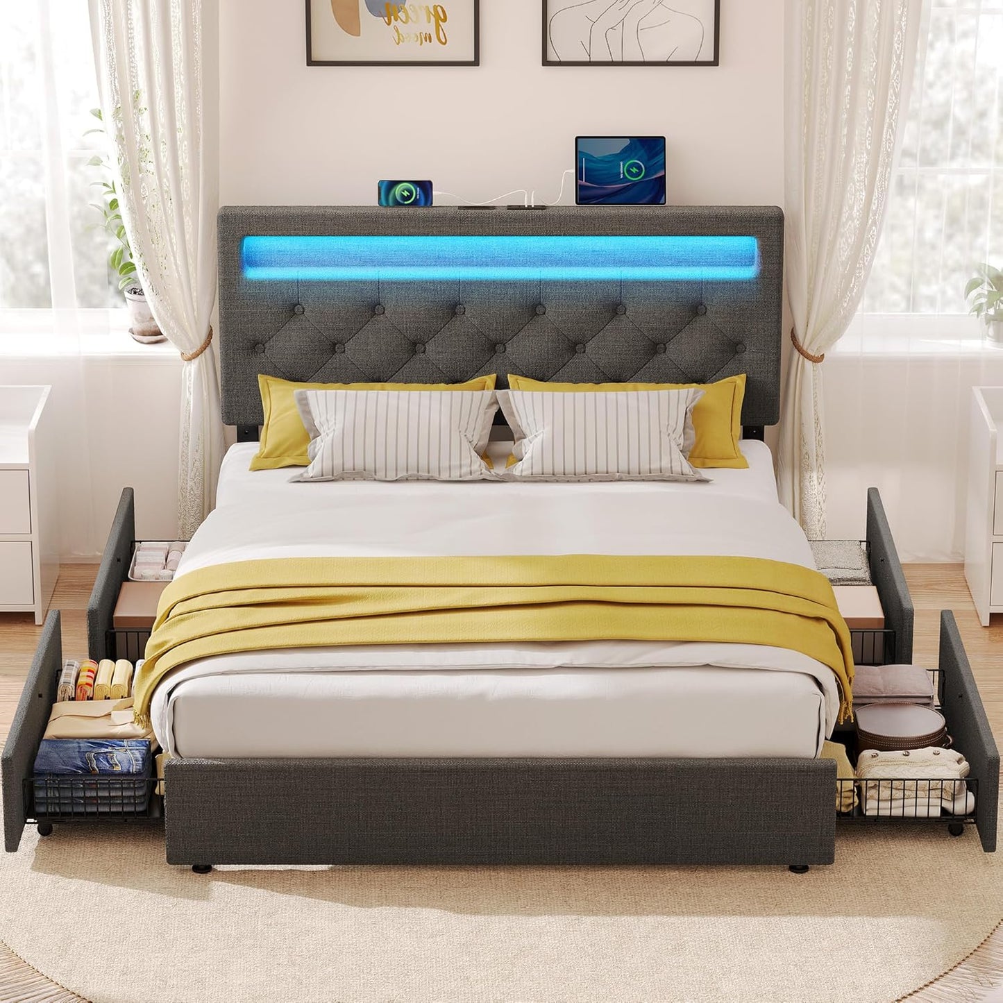Rolanstar Full Size Bed Frame with 4 Storage Drawers and Charging Station, Full Bed with Led Lights, 2 USB & 1 Type C, Adjustable Headboard 38.9/40.9 Inches, No Box Spring Needed, Grey