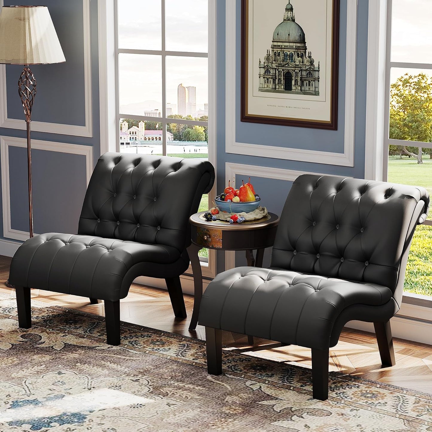 Yongqiang PU Leather Accent Chairs Set of 2 Button Tufted Upholstered Modern Armless Lounge Chair for Bedroom Living Room Chairs Leisure Chair with Wood Legs Black