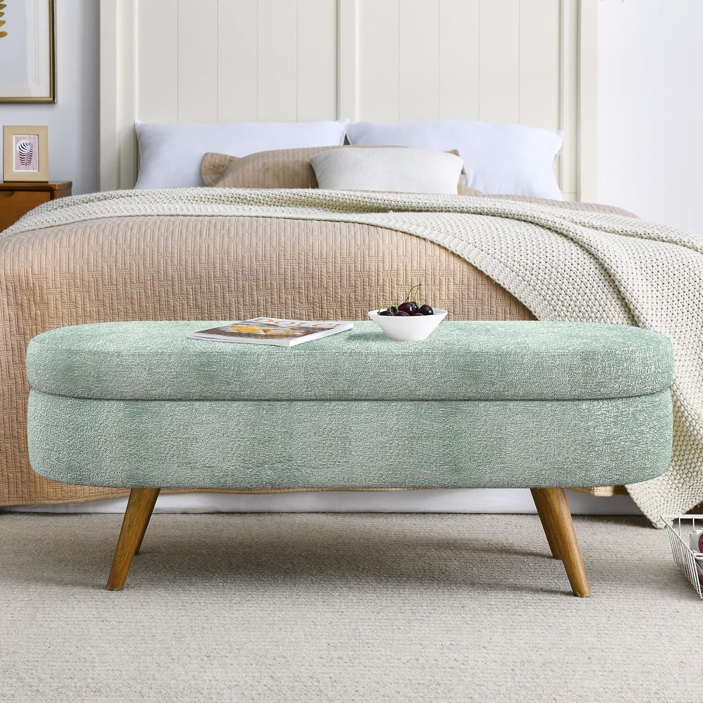 Oval Storage Bench 43.5" Linen Fabric Upholstered Entryway Bench with Solid Wood Legs Ottoman Bench Indoor Bench for Living Room/Bedroom/End of Bed/Entryway (Cyan)