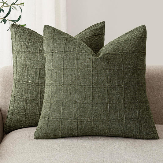 Foindtower Set of 2 Decorative Linen Check Throw Pillow Covers Neutral Farmhouse Vintage Cushion Covers Modern Boho Home Decor for Sofa Chair Couch Bedroom Living Room Outdoor,26×26 Inch,Olive Green