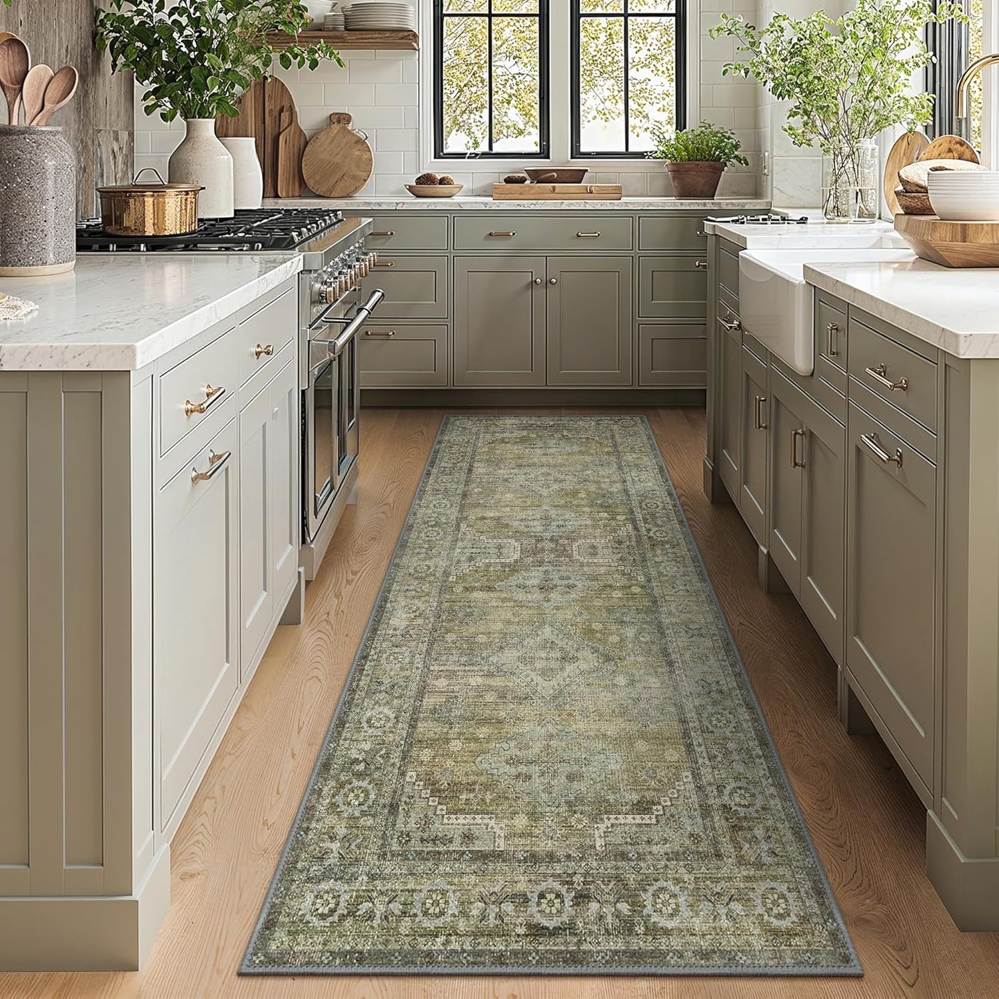 GENIMO Runner Rug 2x12 Non Slip Machine Washable Vintage Hallway Runner Rugs, Low Pile Lightweight Mat for Living Room, Entryway, Bedroom, Kitchen and Corridor, Distressed Sage