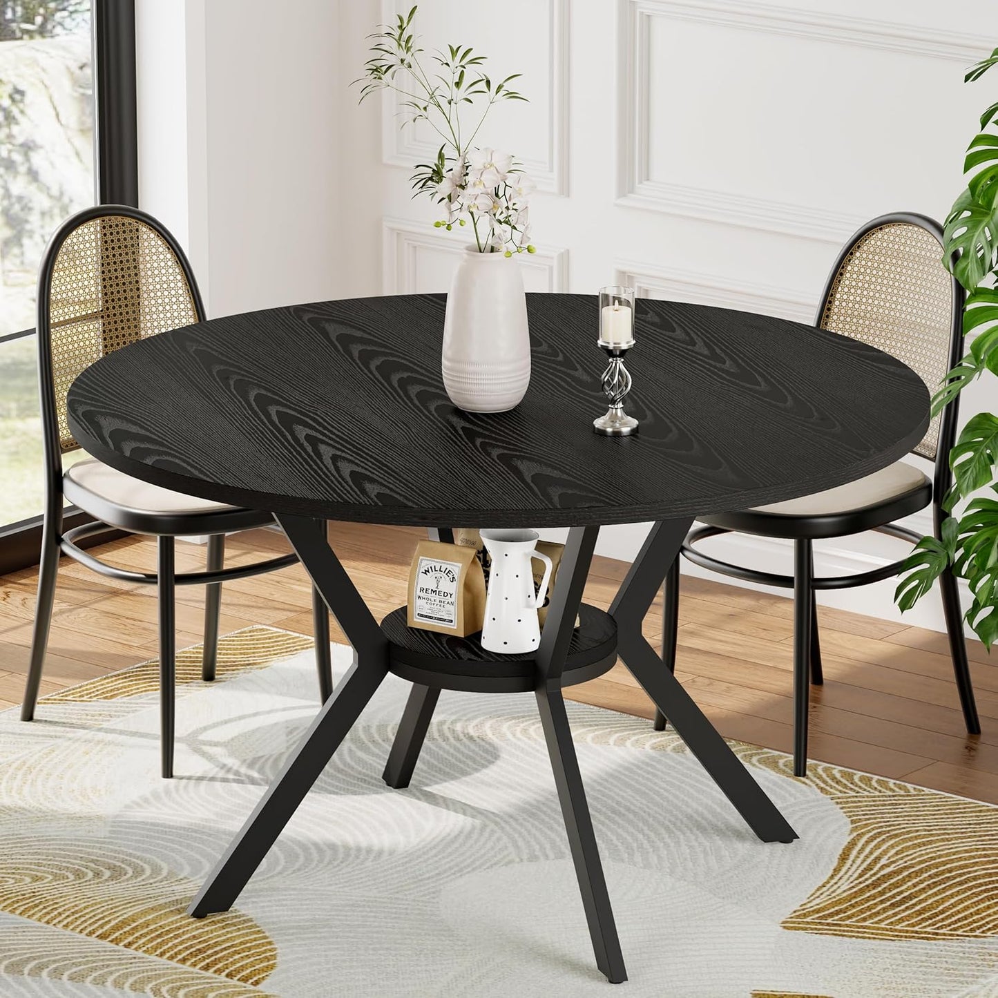Black Dining Table for 4, 42 Inch Round Kitchen Table with Storage, Wooden Circle Dinner Table with Metal Legs, Rustic Mid Century Modern Dining Room Tables for Kitchen, Living Room, Dining Room
