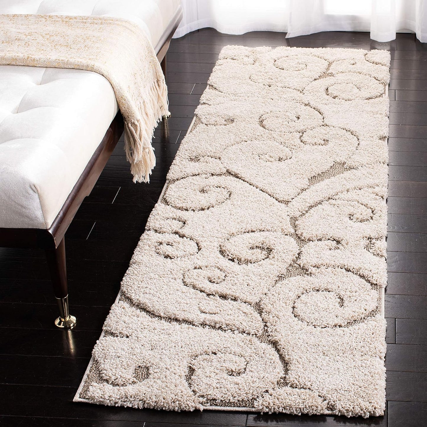 SAFAVIEH Florida Shag Collection Runner Rug - 2'3" x 17', Cream & Beige, Scroll Design, Non-Shedding & Easy Care, 1.2-inch Thick Ideal for High Traffic Areas in Living Room, Bedroom (SG455-1113)