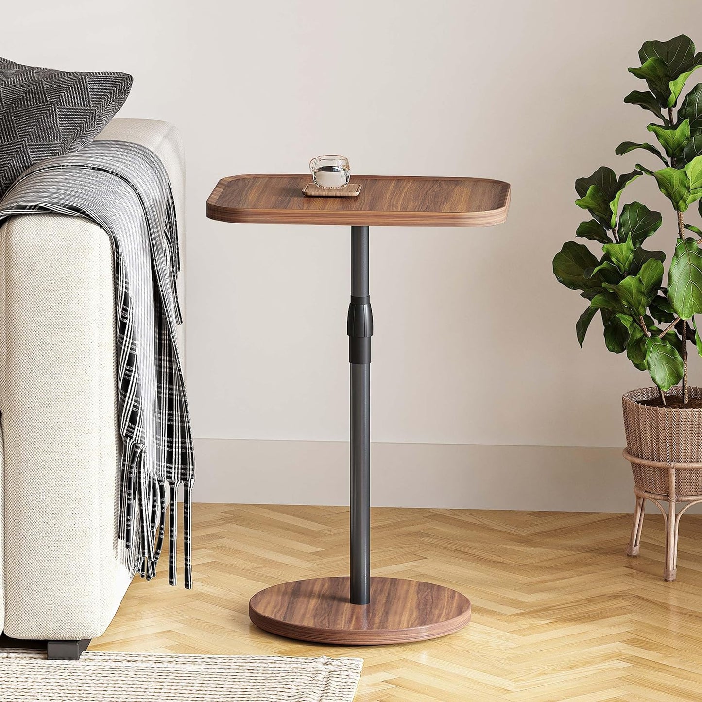 Adjustable End Table, Small Tray Side Table, Drink Table for Small Spaces, Pedestal Nightstand for Living Room, Bedroom, Sofa Couch, Rustic Brown ET-009BR