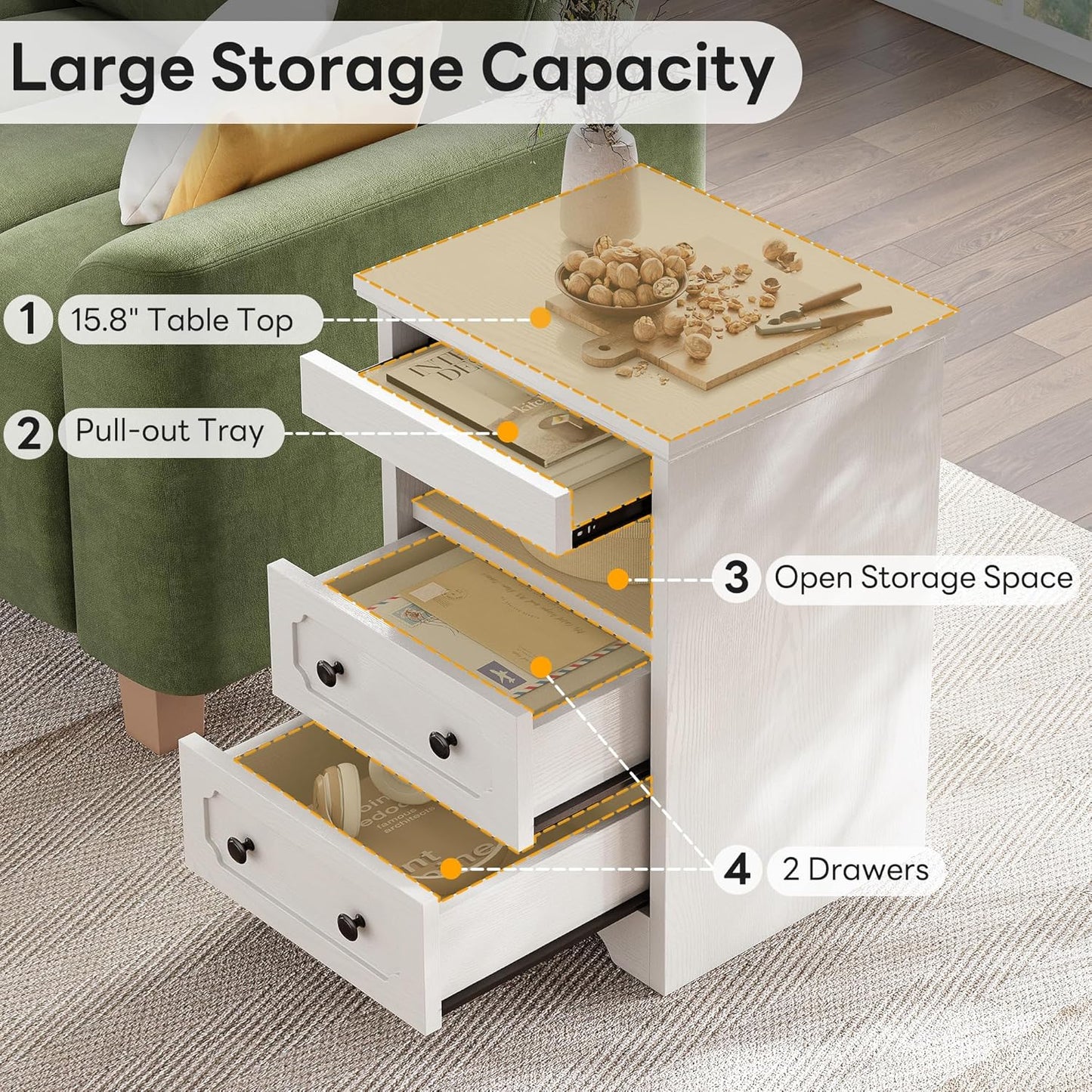 LIKIMIO Night Stand, Modern Bedside Table with 2 Drawers, Open Shelf, End Table with Pull-Out Tray, Wood SideTable, White