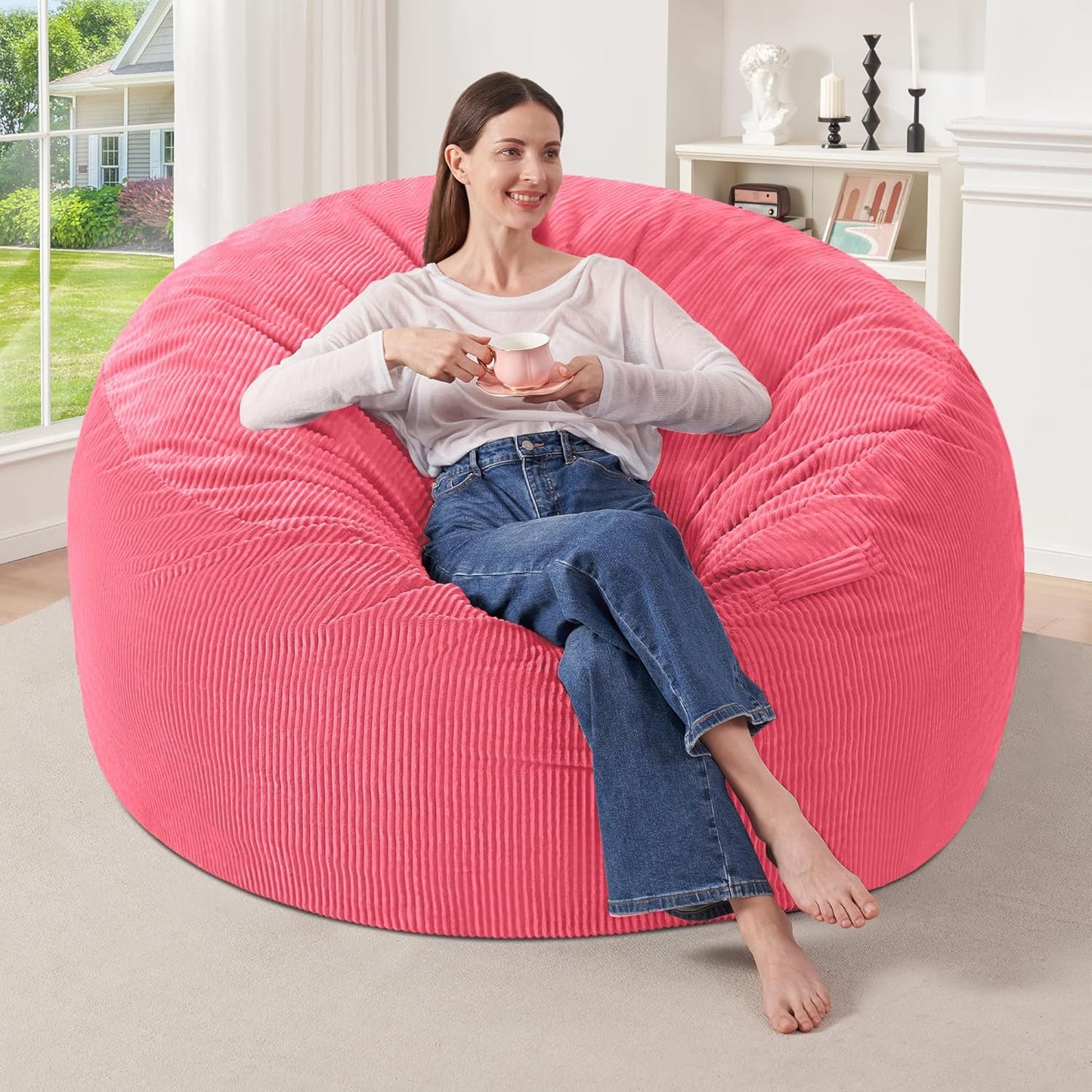 HABUTWAY 3FT Bean Bag Chair,Giant Bean Bag Chairs for Adults,Big Bean Bags with Memory Foam Filled, Large Beanbag Chairs with Soft Corduroy Cover-Pink