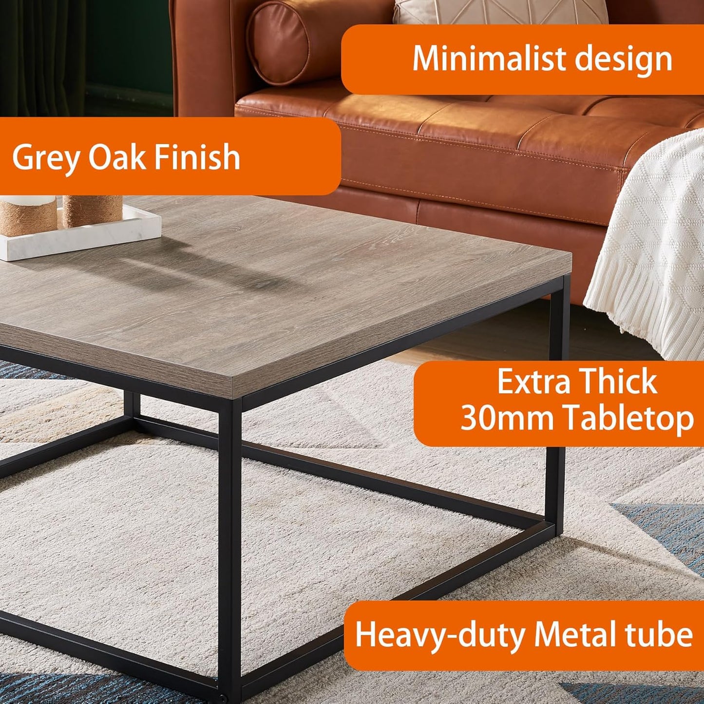 CENSI 40-in Grey Wash Accent Coffee Table Ottoman for Living Room, Rectangle, Mid-Century Modern Industrial Style, Extra Thick Top, Wood and Metal (French Oak)
