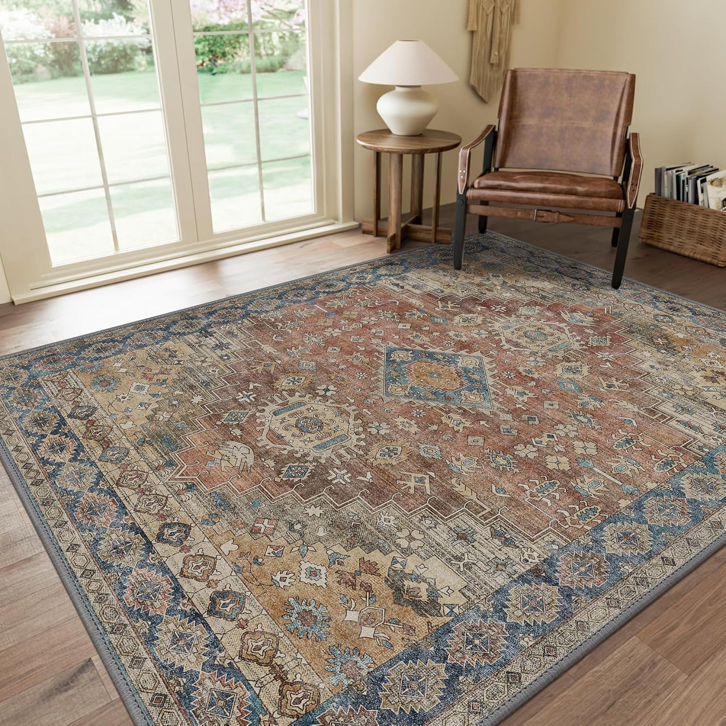 GENIMO 3x5 Area Rugs for Living Room, Machine Washable Non Slip Vintage Rugs, Low Pile Lightweight Chenille Print Rug for Bedroom, Dining Room, Home Office, Antique Red