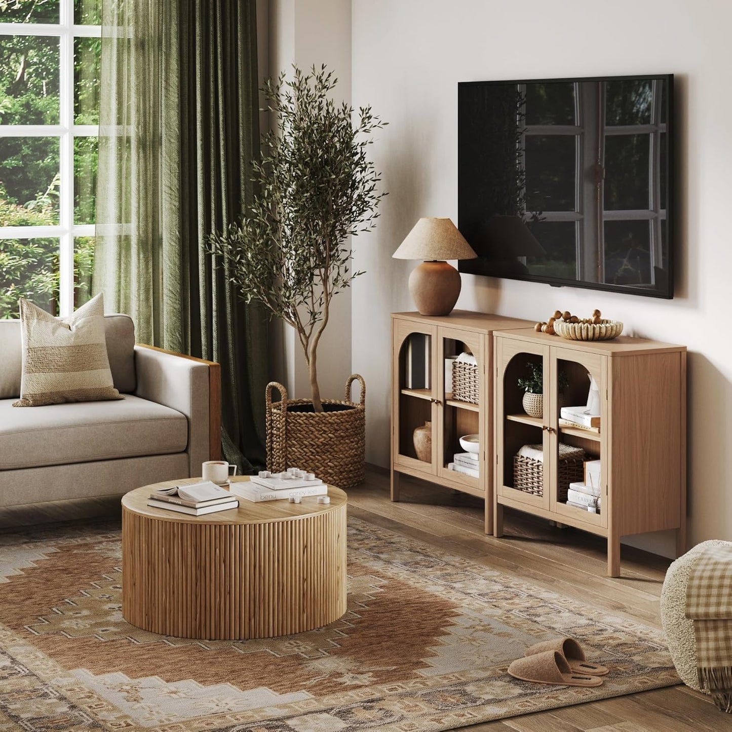 Nathan James Mason Modern Farmhouse Storage Cabinet, Free Standing Accent Sideboard Buffet, Cabinet with Glass Doors and Adjustable Shelf, Clear Glass/Raw Oak