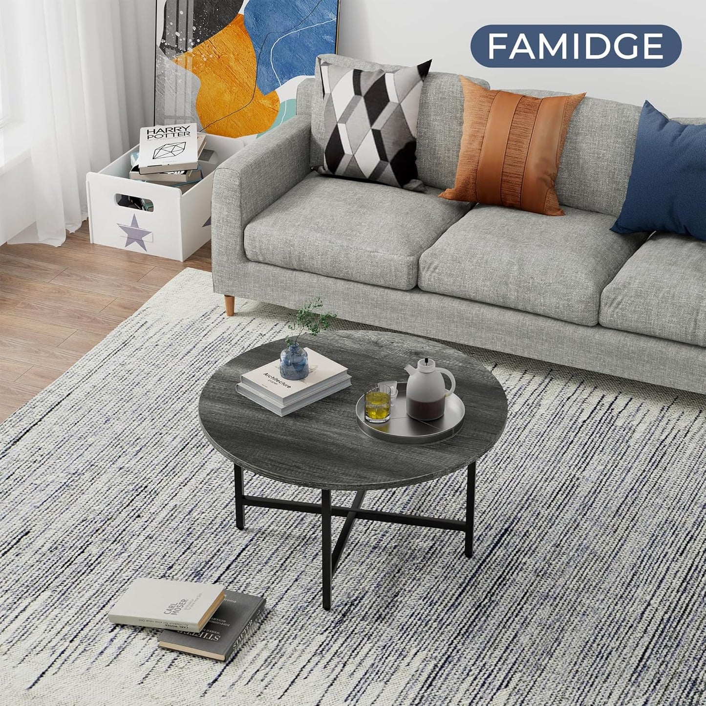 Coffee Table, 23.6" Coffee Tables for Living Room, Round Coffee Table with Metal Frame, Floor Table for Sitting on The Floor, Home, Office, Elegant Gray