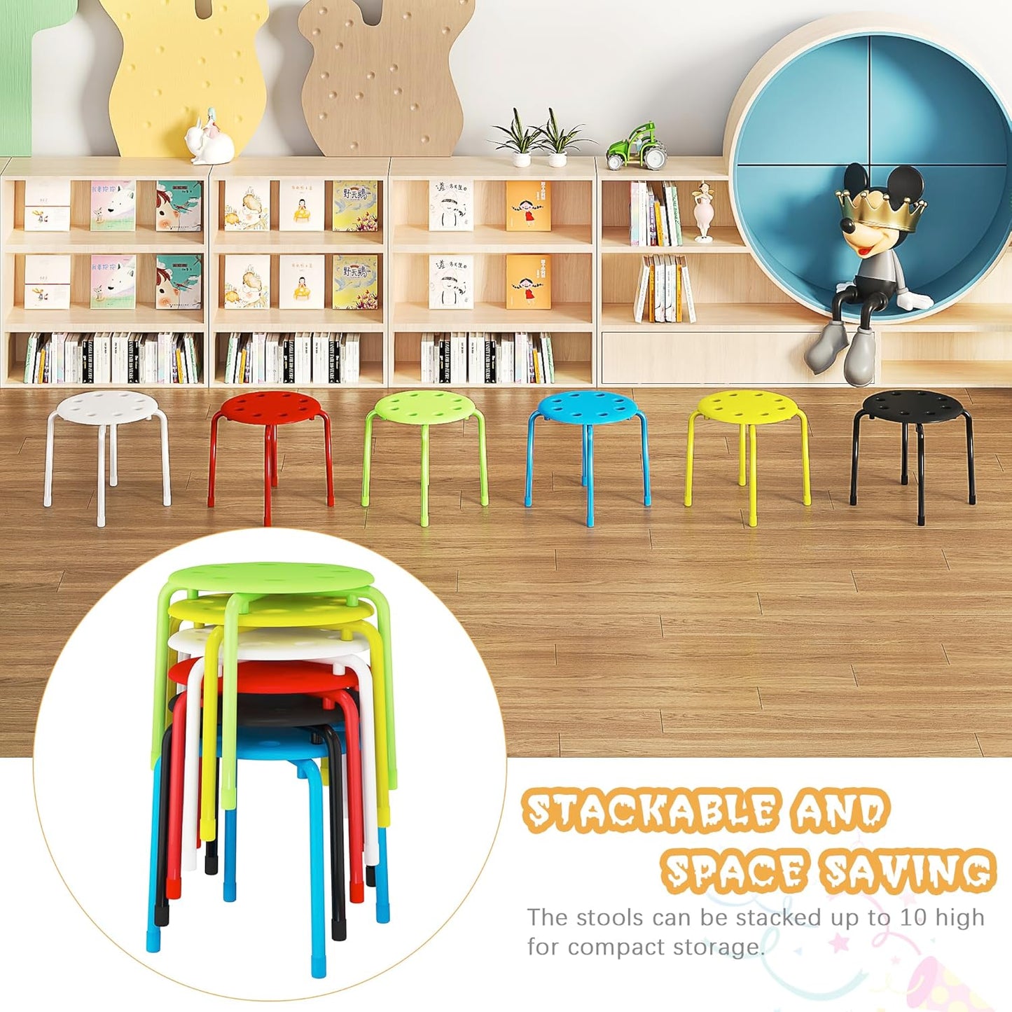 VECELO Stackable Stools for Classroom, 12" Height Plastic Portable Stacking Stool Chairs with Non-Slip Foot Mats for School Daycare Kindergarten Living Room (6 Pack)