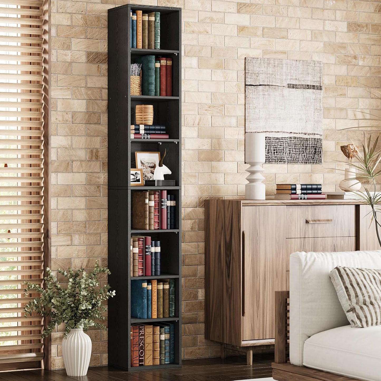 IRONCK Tall Narrow Bookshelf 8 Tiers, Compact Corner Bookcase, Easy to Match for Living Room, Office, Study, Bedroom, Vintage Black