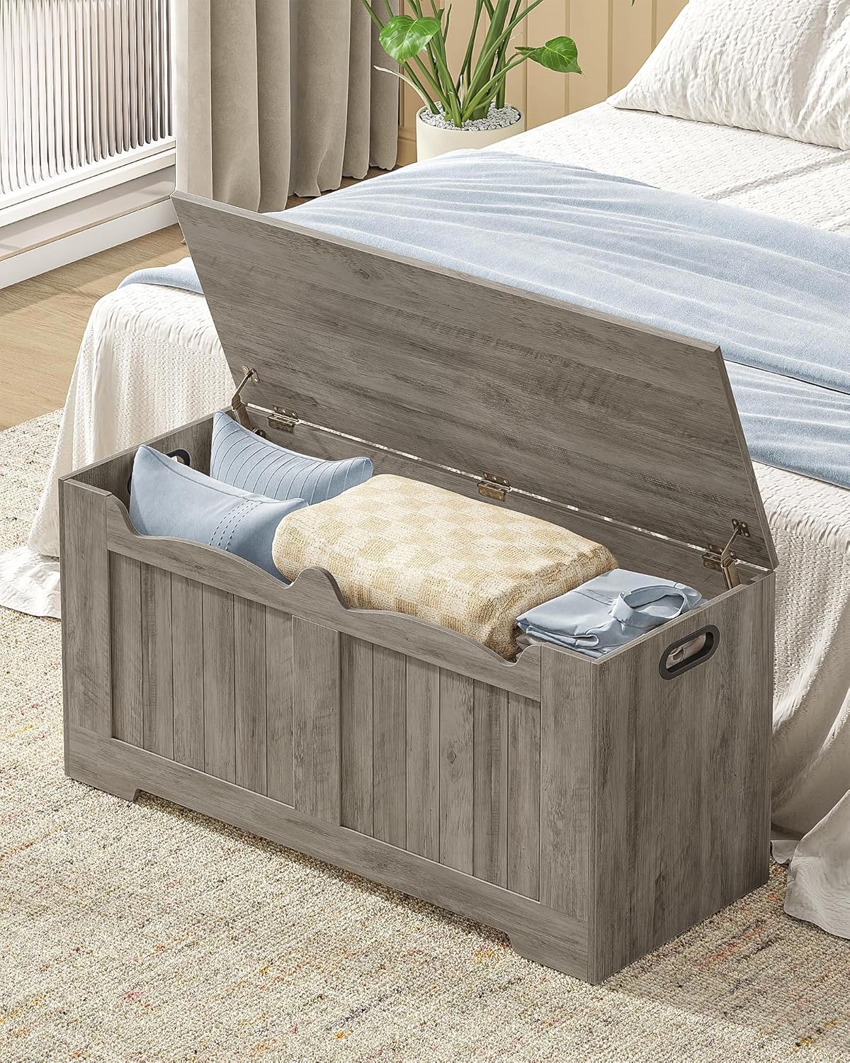 39.4" Storage Chest, Storage Bench Trunk with 2 Safety Hinge,Wooden Box, Lift-Top Chest Organizer, Shoe Bench for Entryway, Bedroom, Living Room, Greige SB01005X