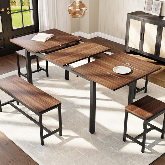 GarveeHome 5-Piece Dining Table Set for 4-8 People, 63" Large Extendable Kitchen Table Set with 2 Benches and 2 Square Stools, Modern Dining Room Furniture Sets, Easy Assembly, Espresso