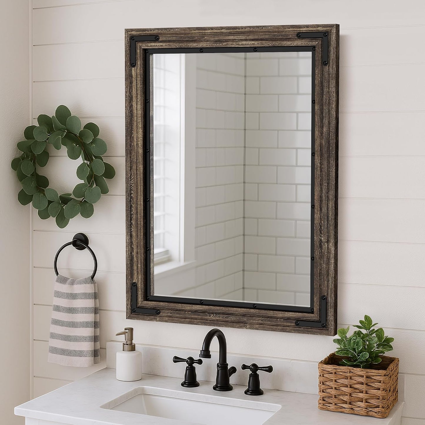 YOSHOOT Farmhouse Bathroom Mirror, Rustic Wood Mirror, Wooden Framed Vanity Mirror, Solid Wood & Handmade, Vertical or Horizontal Hanging for Bathroom Entryway Living Room Bedroom, 48" x 30", Brown