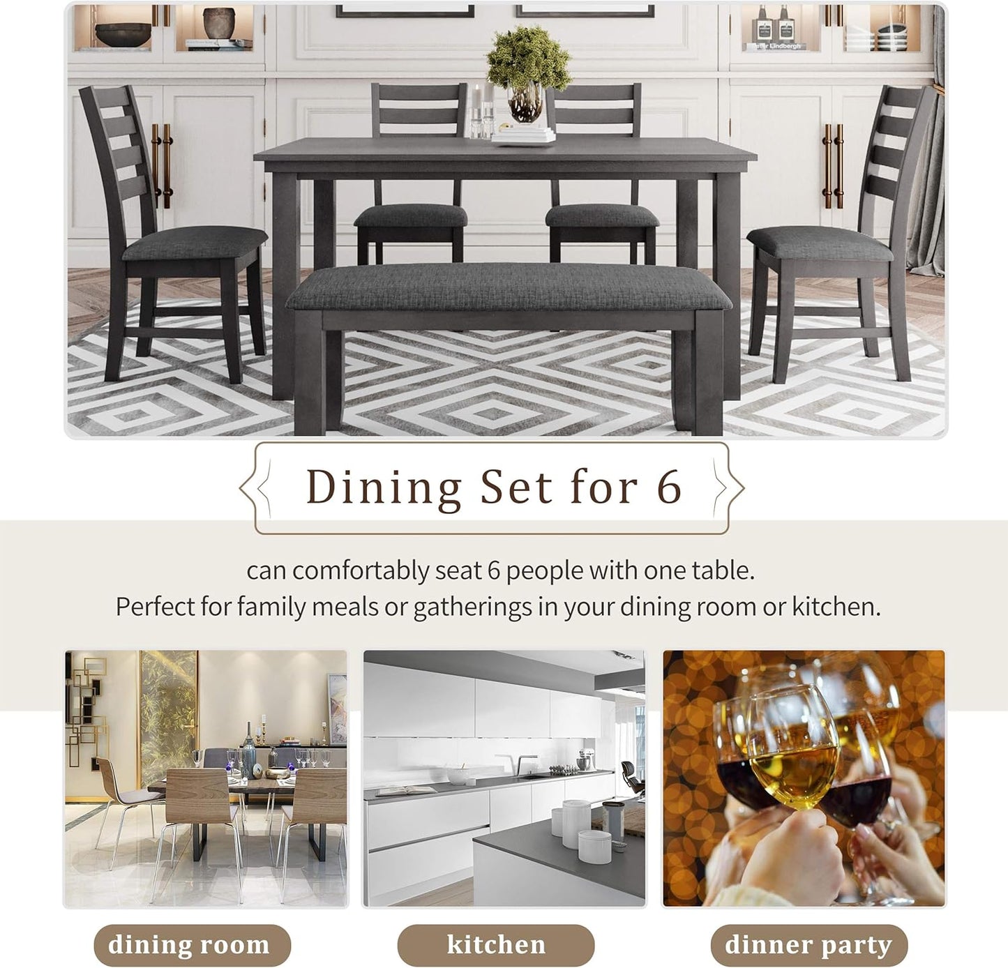 SogesPower 6-Piece Rustic Dining Table Set for 4-6,Rectangular Farmhouse Kitchen Table Set with 4 Chairs & 1 Bench for Dining Room Living Room,Gray