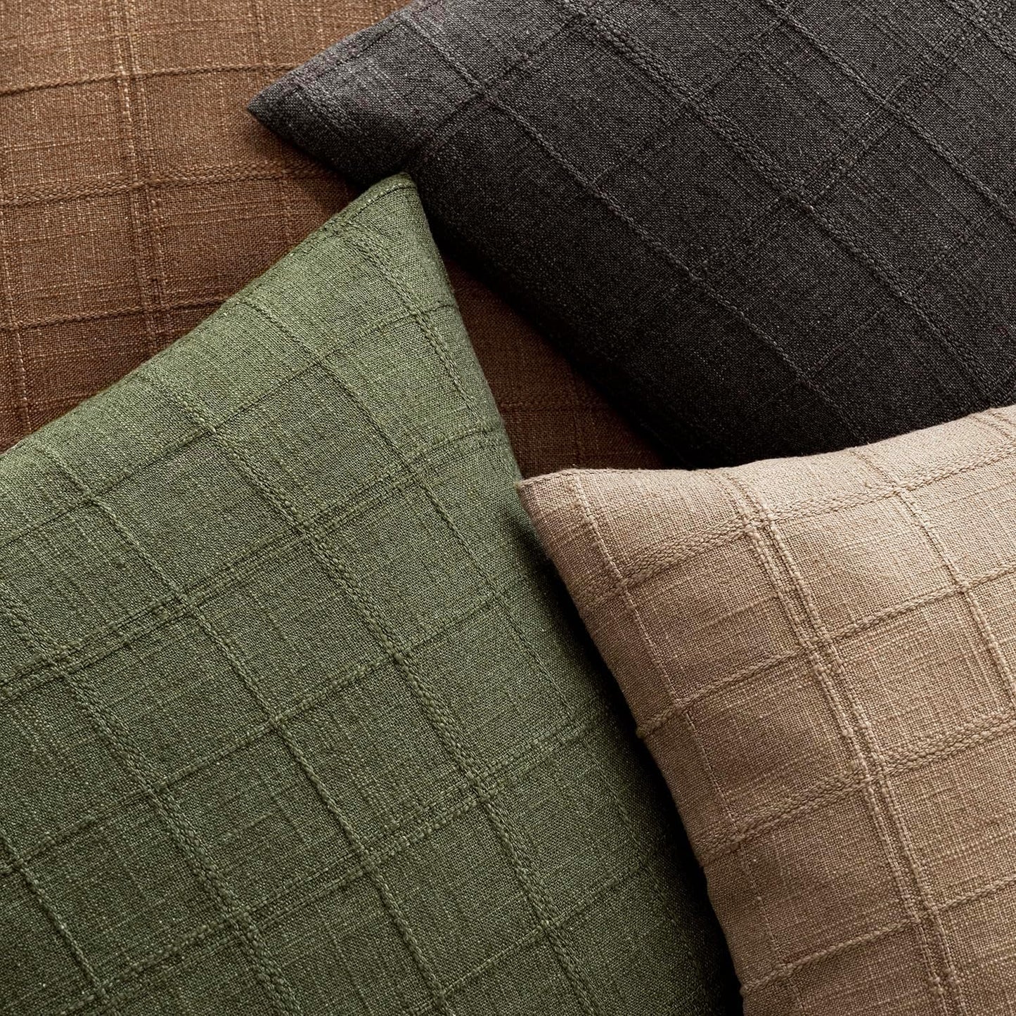 Foindtower Set of 2 Decorative Linen Check Throw Pillow Covers Neutral Farmhouse Vintage Cushion Covers Modern Boho Home Decor for Sofa Chair Couch Bedroom Living Room Outdoor,24×24 Inch,Brown Hazel