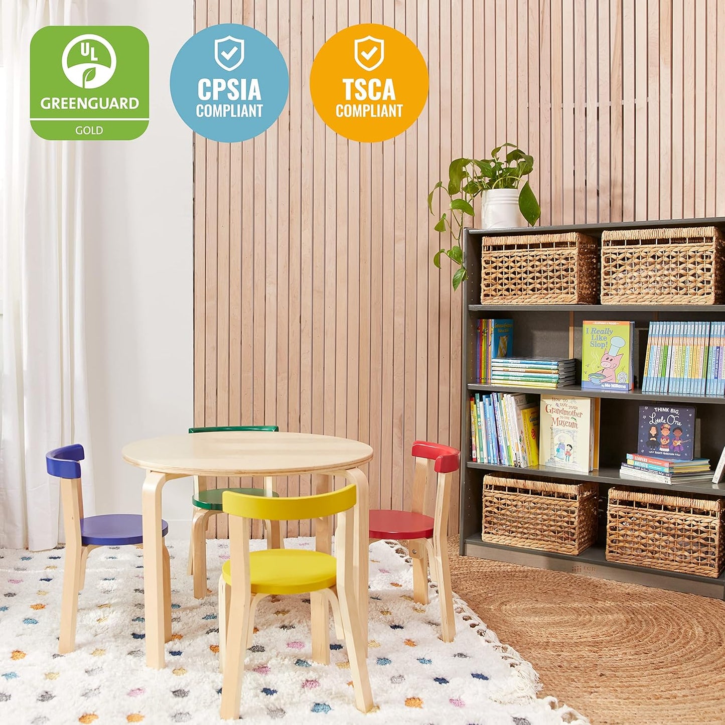 ECR4Kids Bentwood Table and Curved Back Chair Set, Kids Furniture, Assorted, 5-Piece