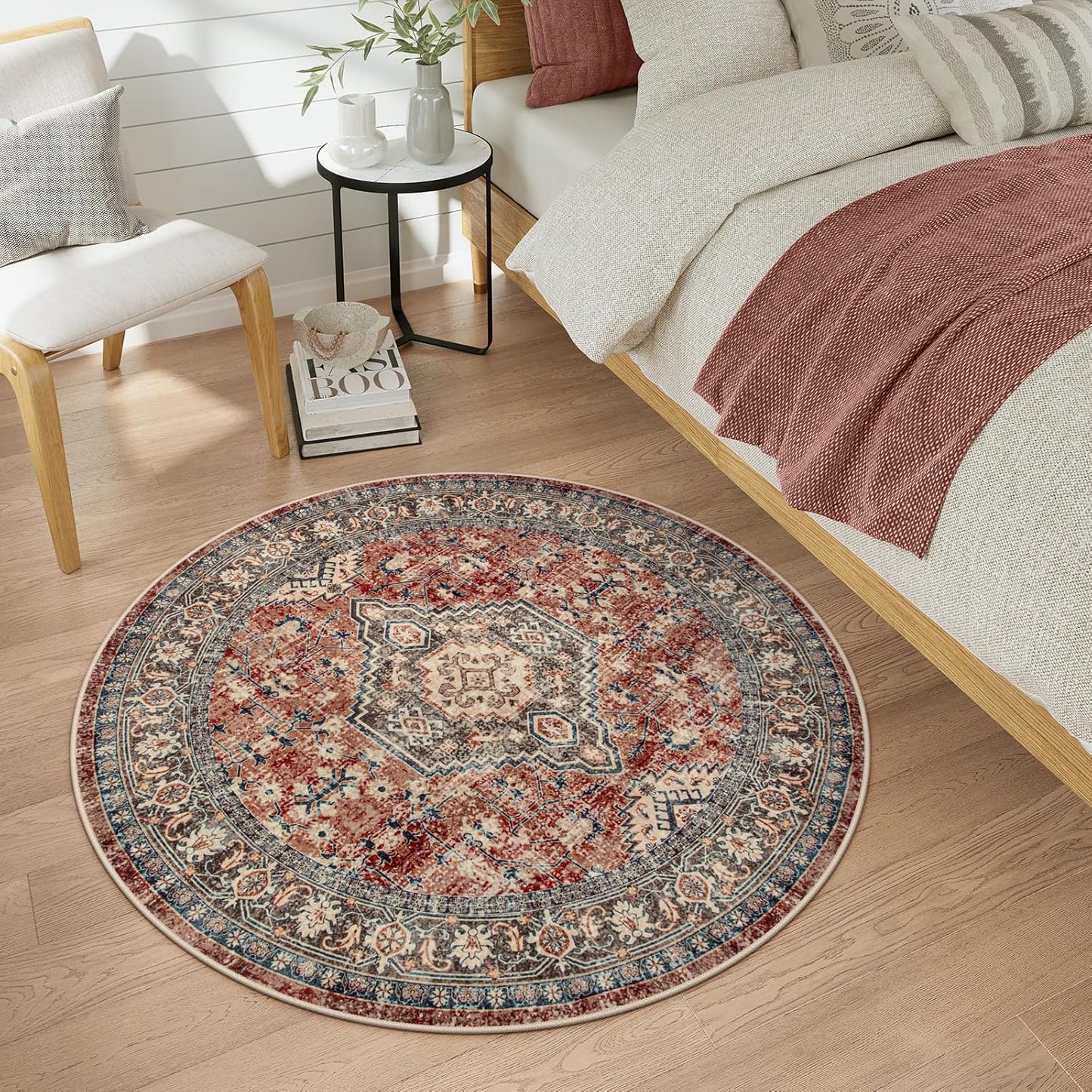 Lahome Oriental Washable Round Rugs, Non-Slip Round Rug 4ft Ultra-Thin, Vintage Soft Small Circle Carpet for Entryway Kitchen Bedroom Nursery Bathroom, Brick Red