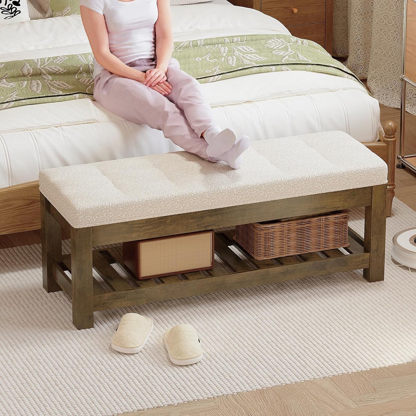 Large Upholstered Ottoman Bench Entryway Storage Benches Tufted Linen Ottoman Bench with Solid Wood Shelf Padded End of Bed Bench for Bedroom Living Room Hallway Decor