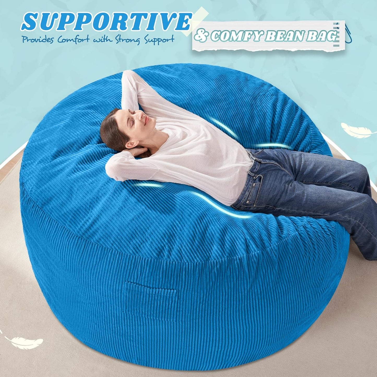 HABUTWAY 5FT Bean Bag Chair,Giant Bean Bag Chairs for Adults,Big Bean Bags with Memory Foam Filled, Large Beanbag Chairs with Soft Corduroy Cover-Blue