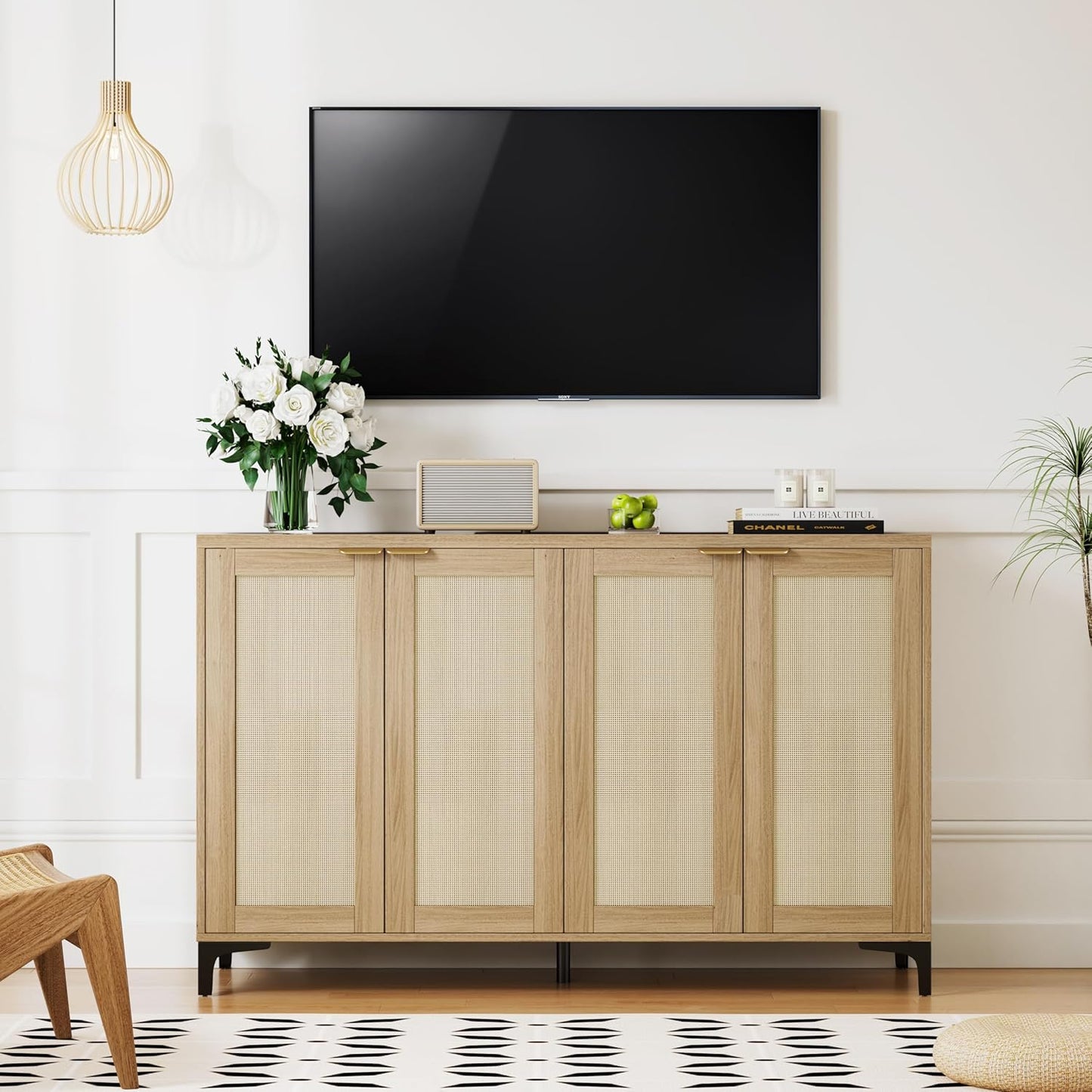 Sideboard - Buffet Cabinet with Storage, Rattan Storage with 4 Doors and Adjustable Shelves, Accent with Metal Feet, Sideboard Cabinet for Living Room (Natural)