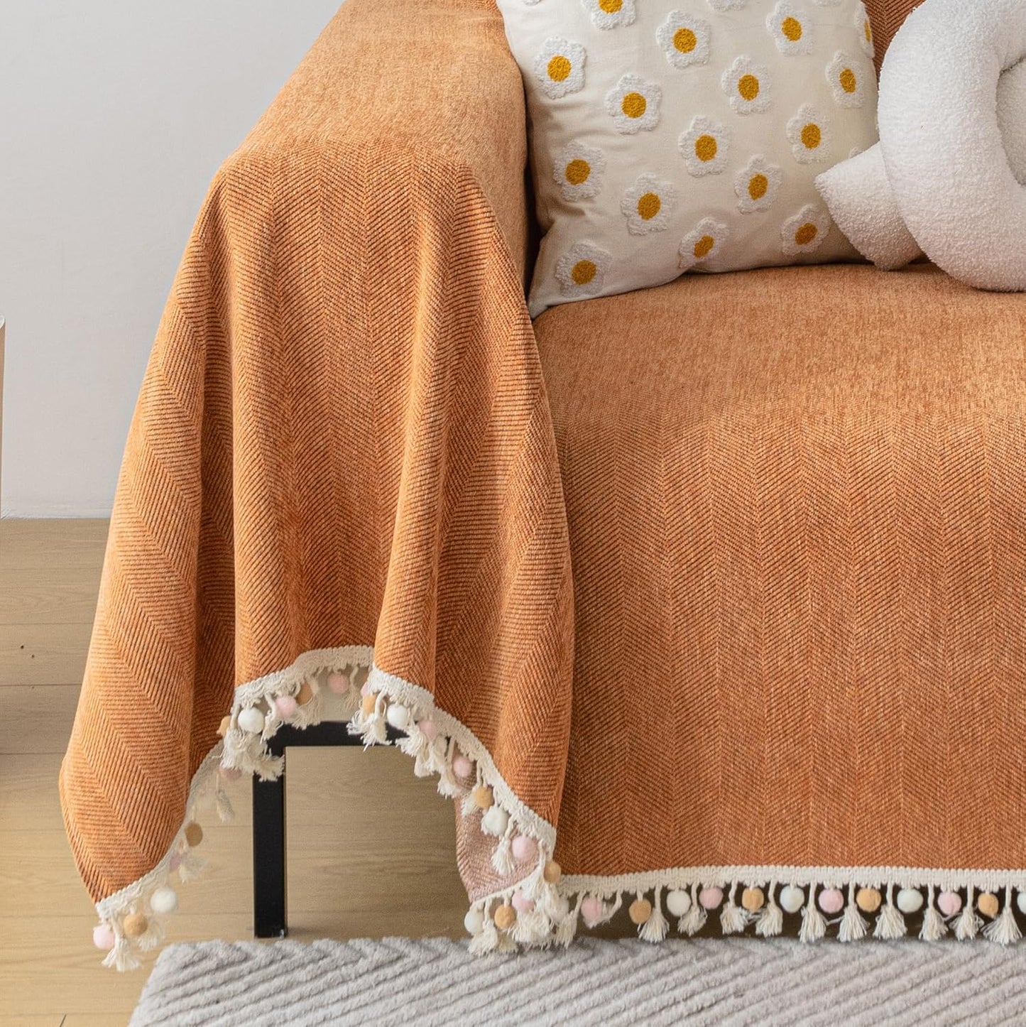 HANDONTIME Dark Orange Sofa Covers Couch Cover for Dogs Colorful Tassel Sofa Seat Cover Lovetseat Covers Pet Couch Cover Bohemian Sofa Cover for Couch Vintage Boho Couch Covers Futon Cover, 71" X118"